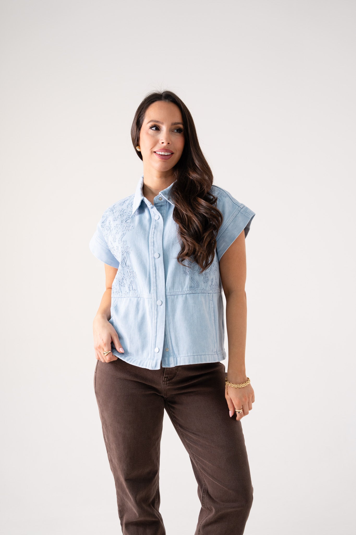 Cora Embroidered Denim Shirt In Light Wash