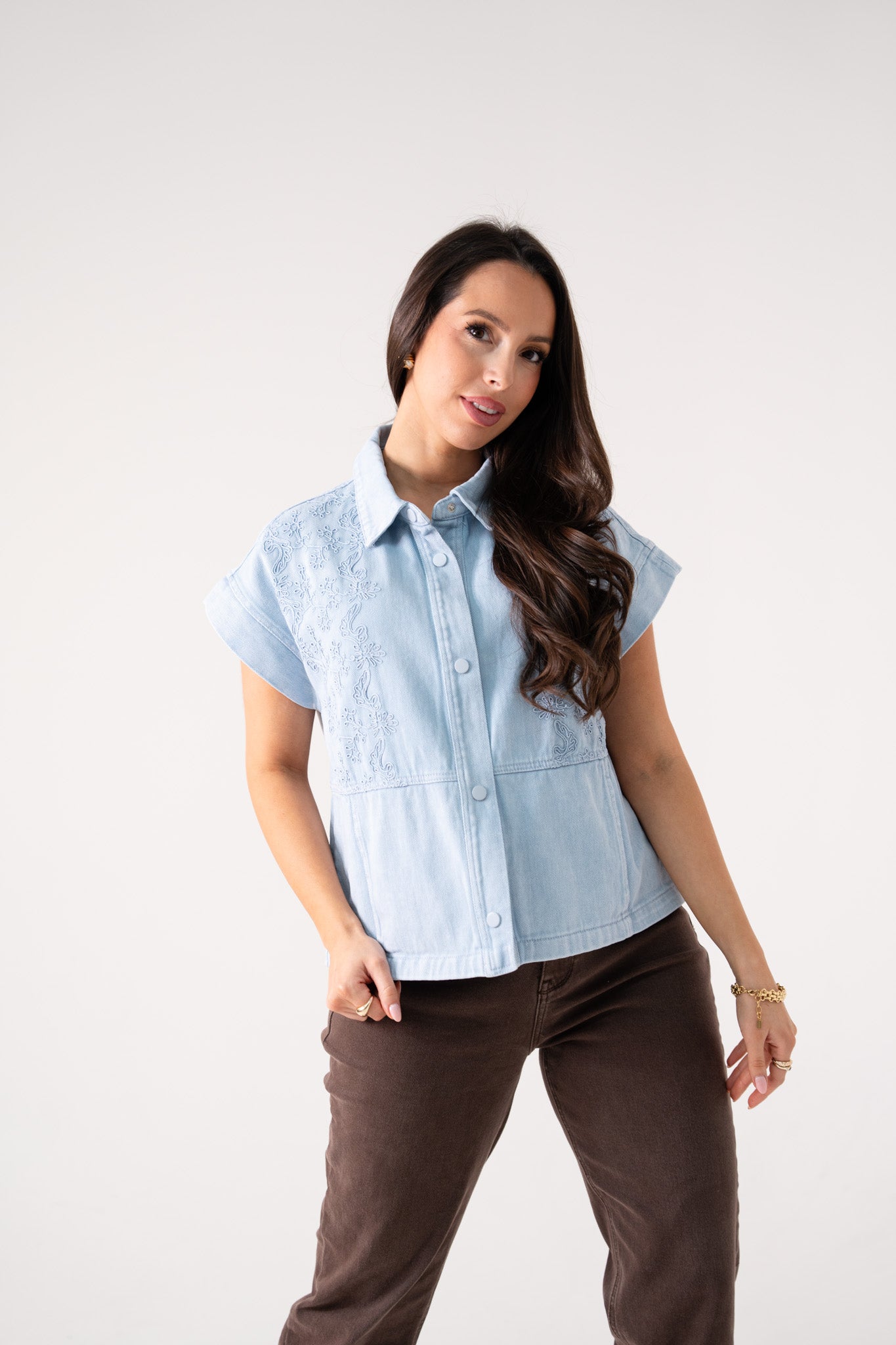 Cora Embroidered Denim Shirt In Light Wash