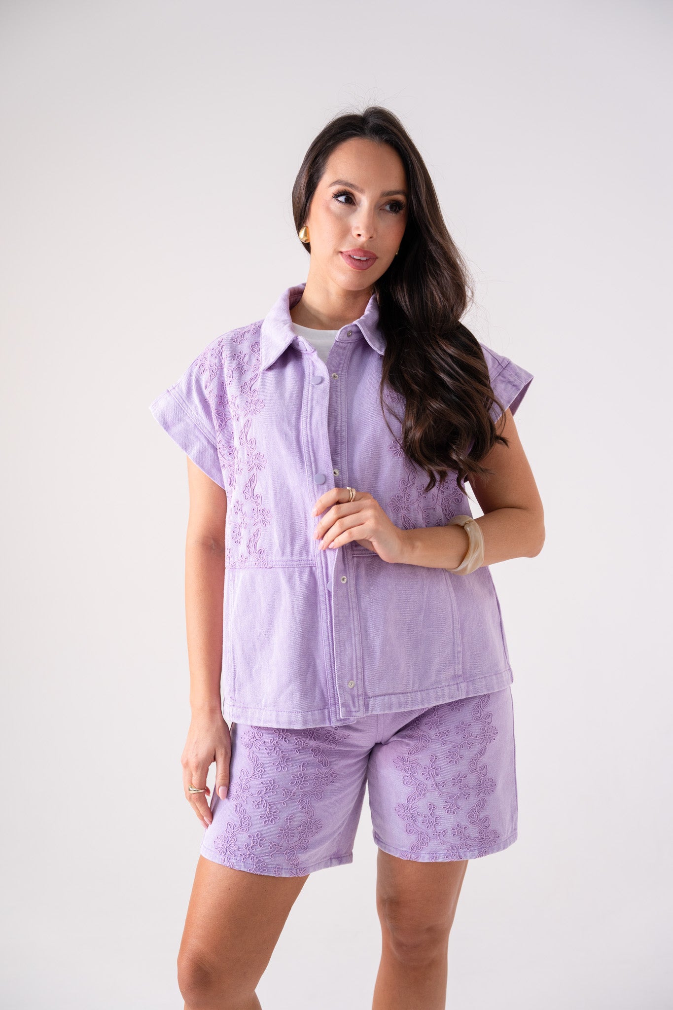 Cora Embroidered Denim Shirt In Lilac