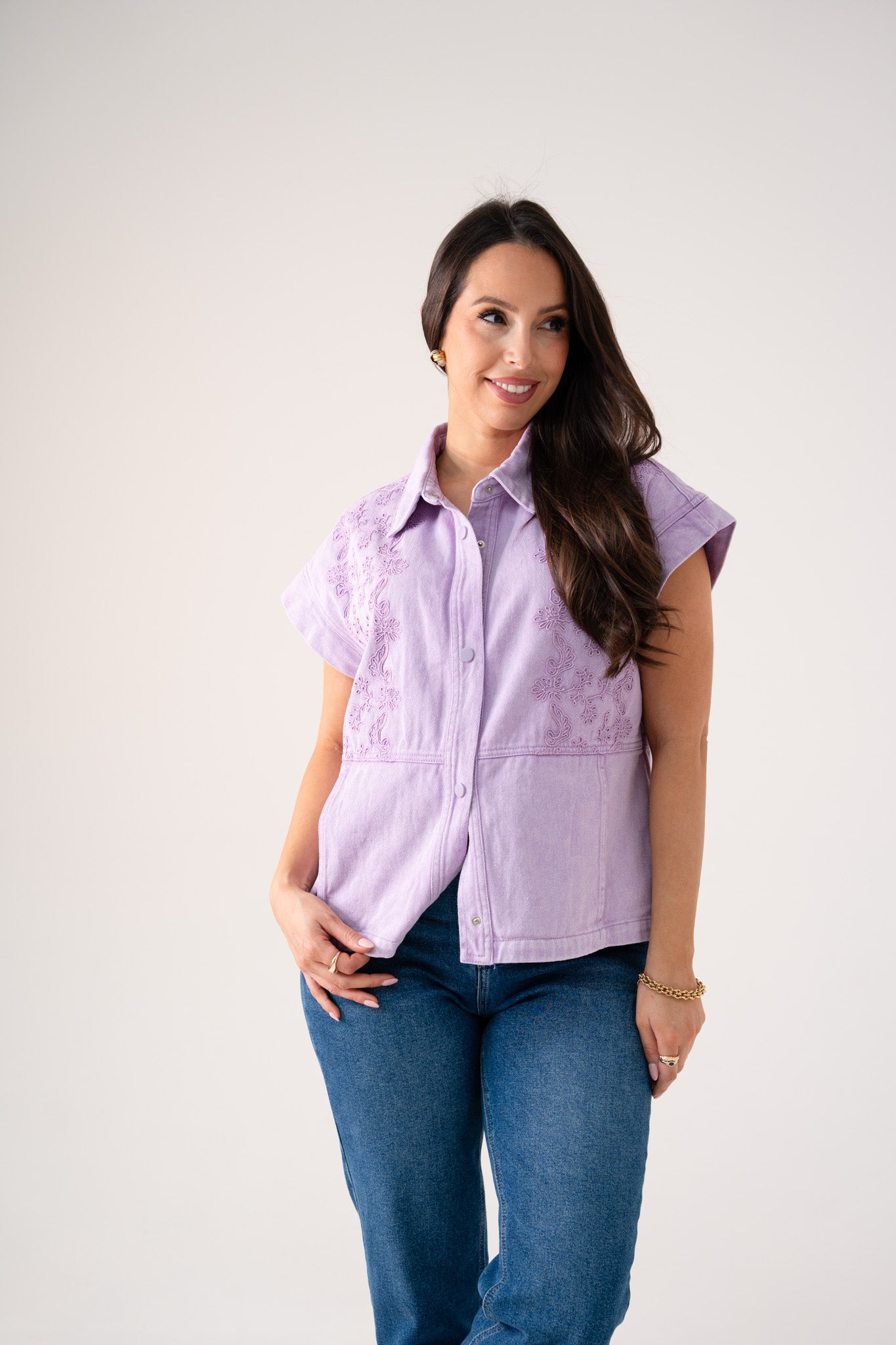 Cora Embroidered Denim Shirt In Lilac