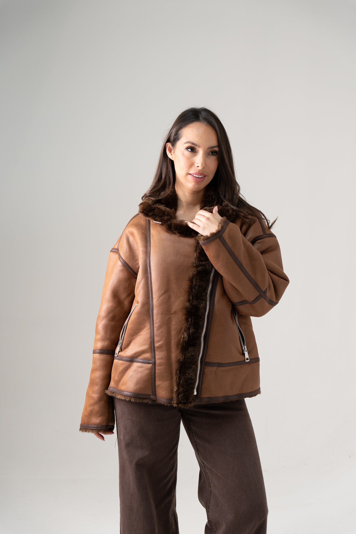 Cora Faux Fur Trim Jacket In Chocolate