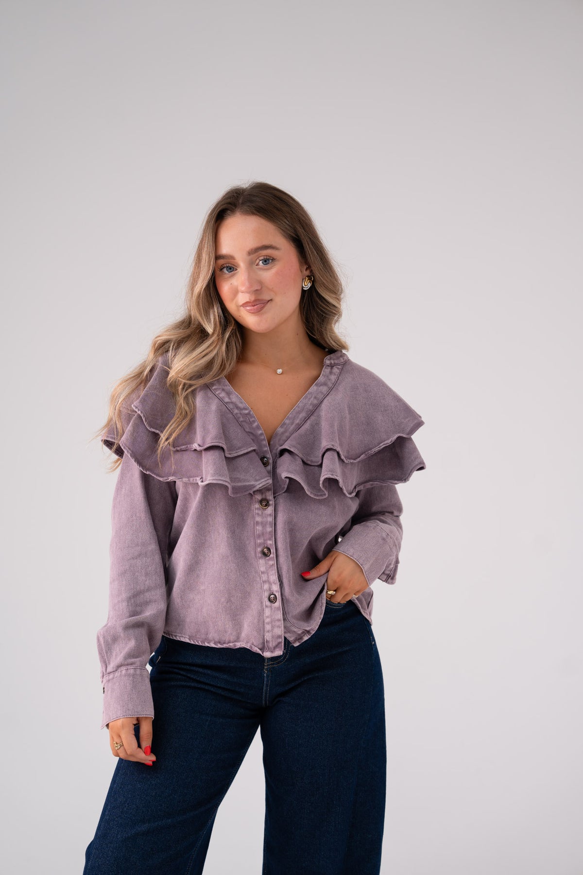 Cora Frill Collar Denim Shirt In Prune