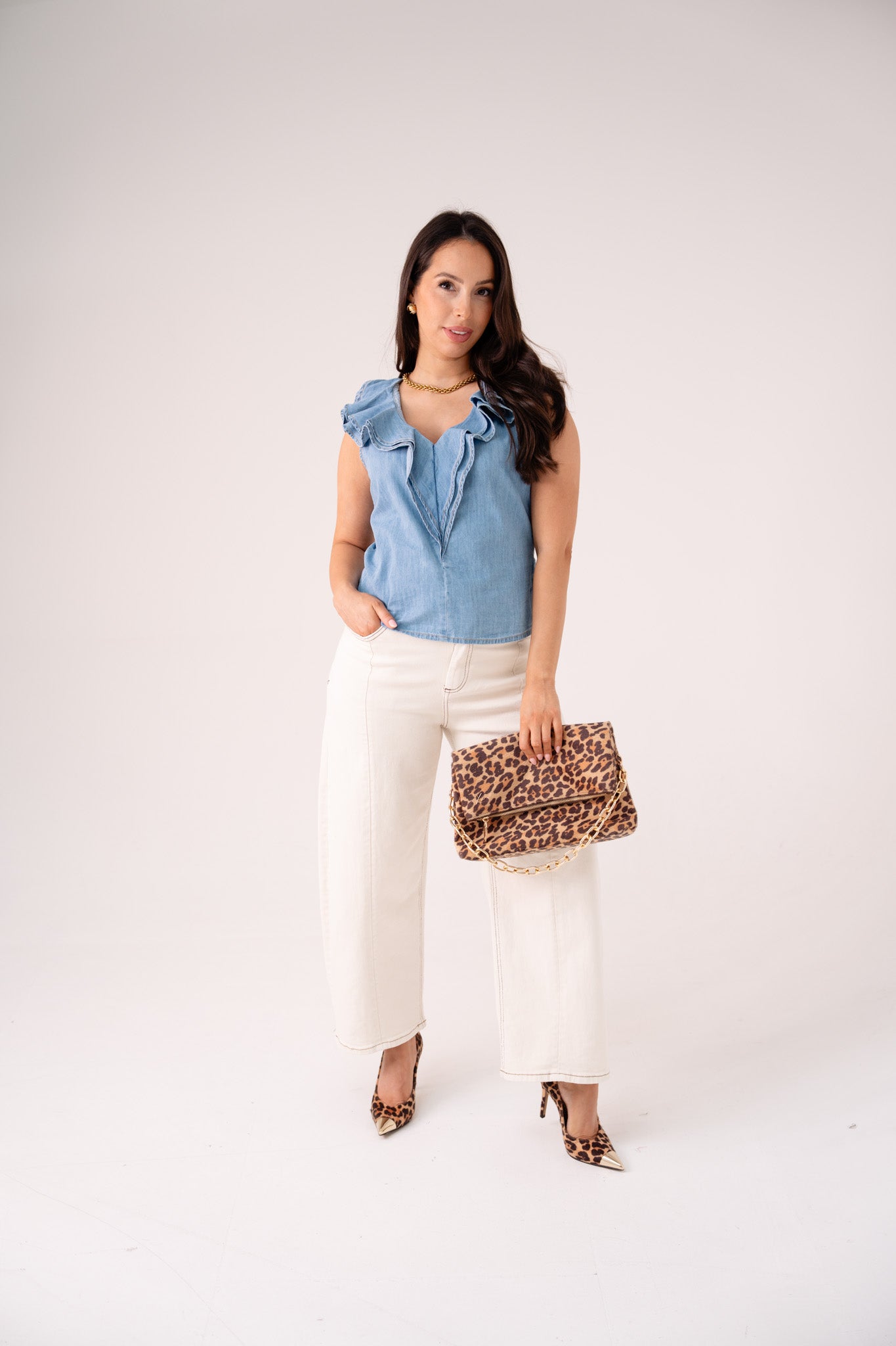 Cora Sleeveless Ruffle Top In Mid Wash