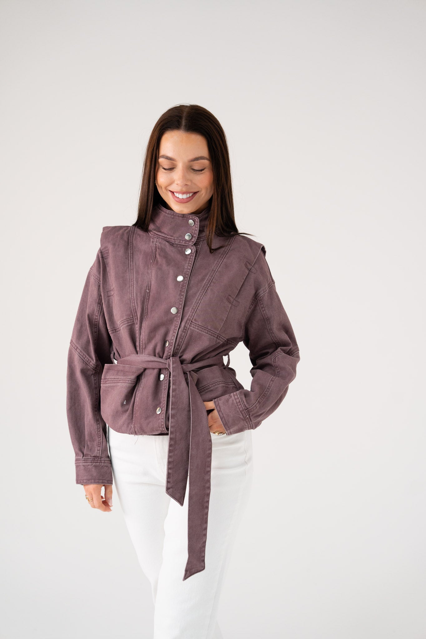 Cora Tie Waist Jacket In Prune
