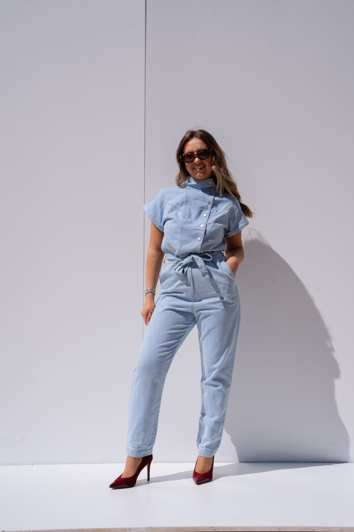 Cora Tie Waist Jumpsuit In Light Wash