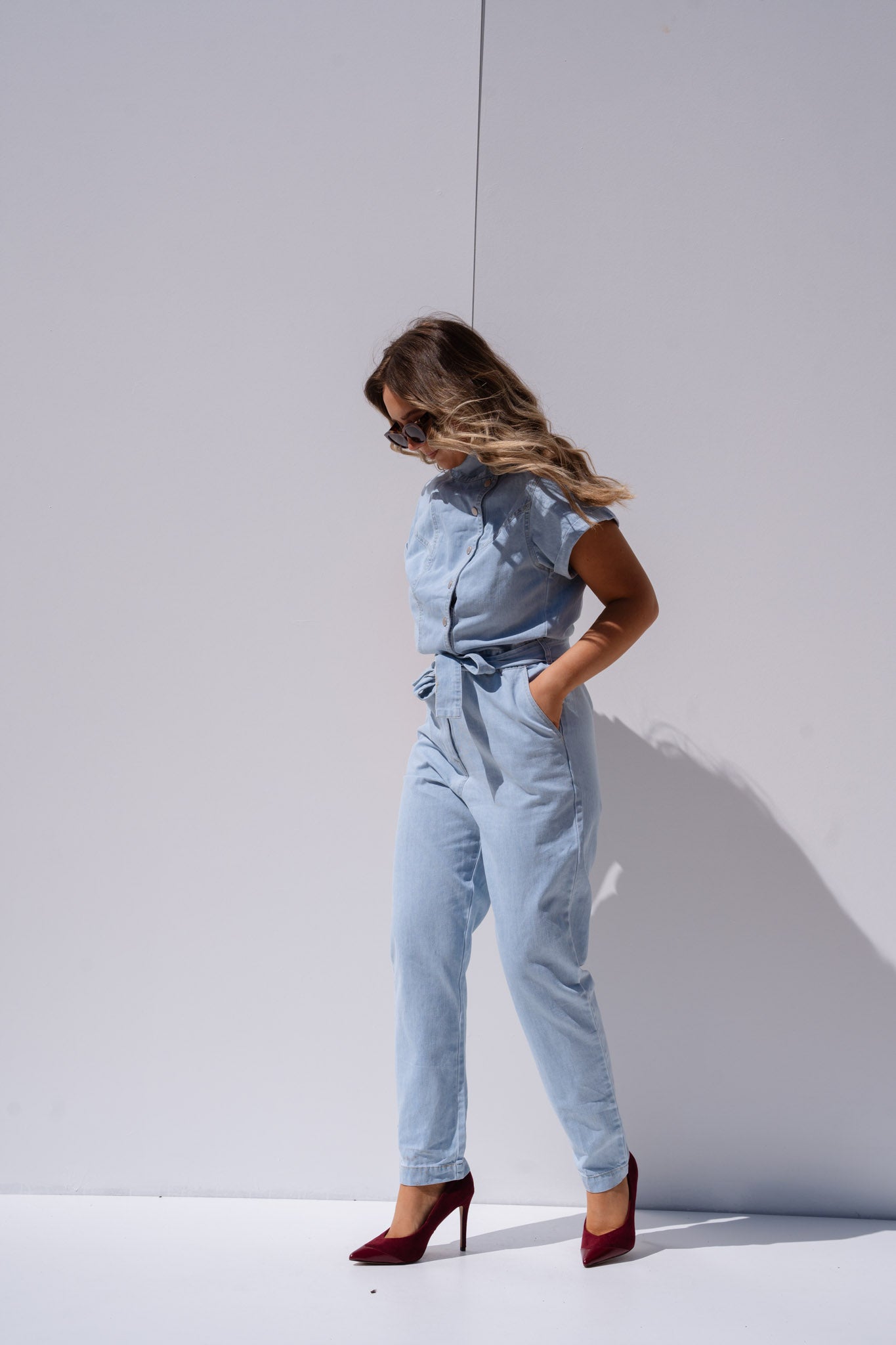 Cora Tie Waist Jumpsuit In Light Wash