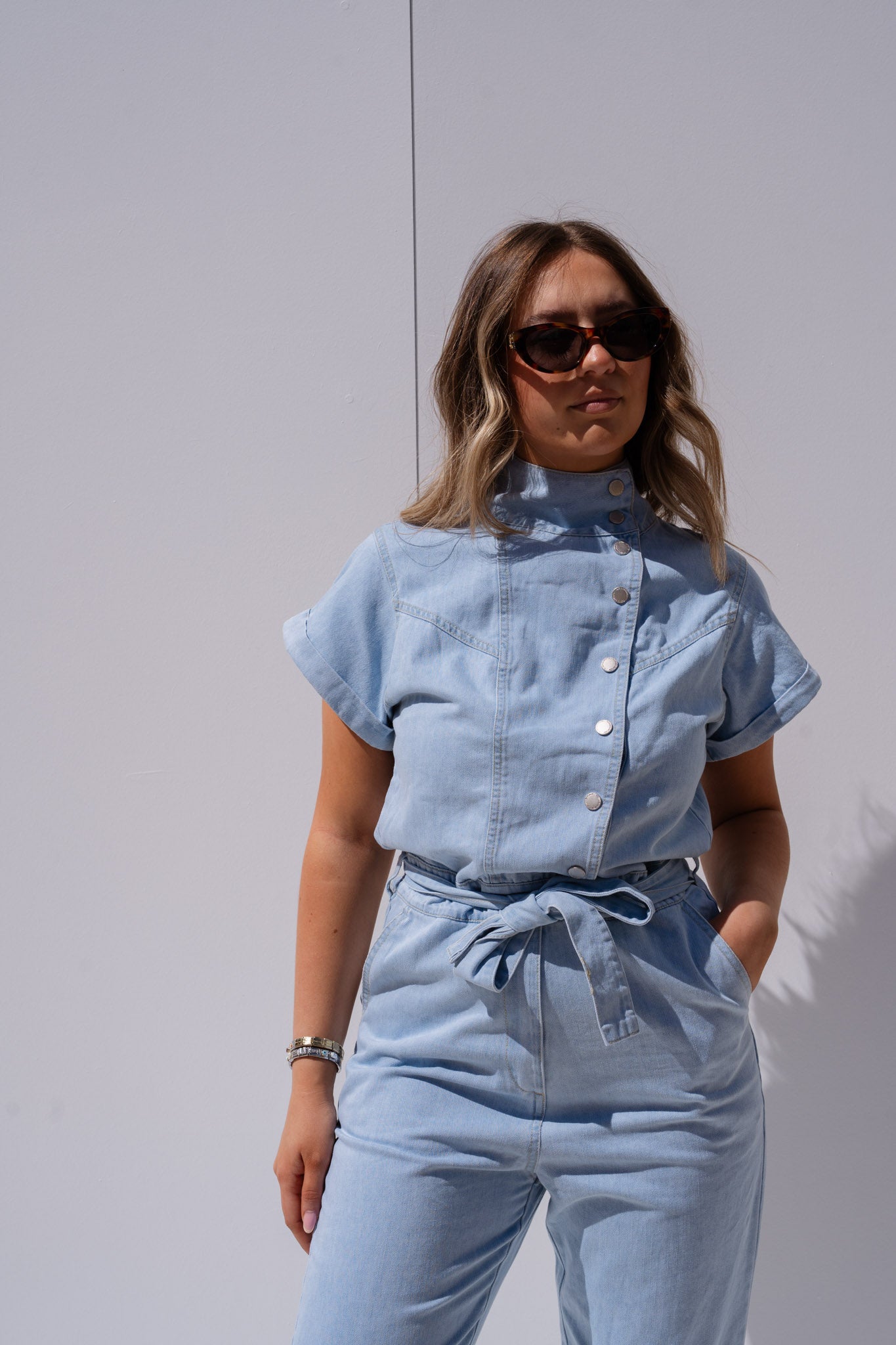 Cora Tie Waist Jumpsuit In Light Wash