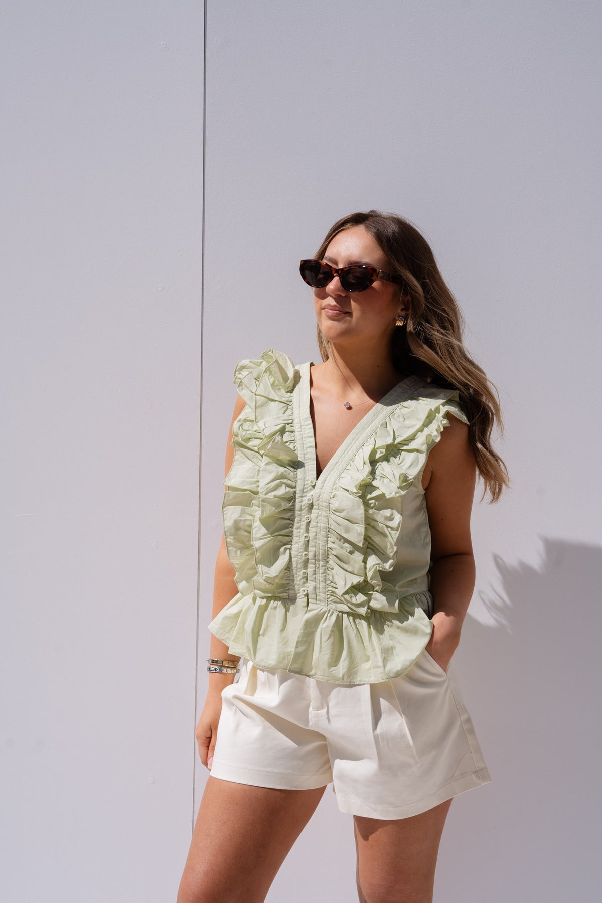 Cora V-Neck Ruffle Blouse In Green