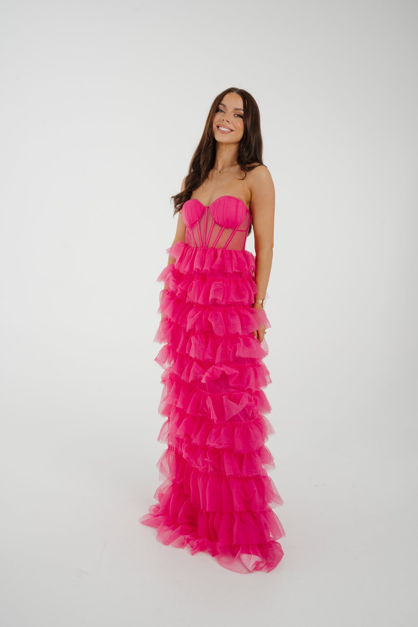Holly Strapless Tulle Maxi Dress In Fuchsia