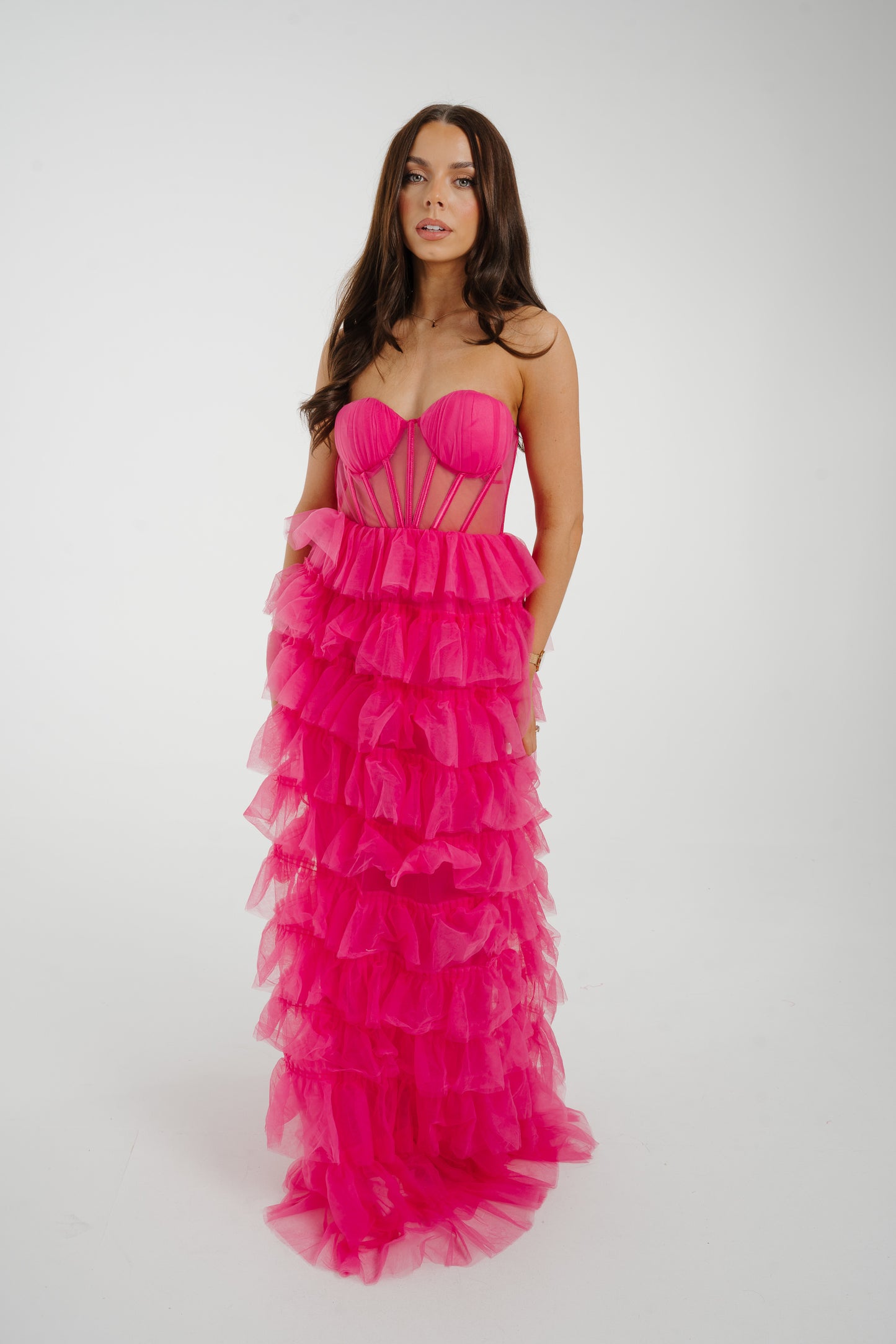 Holly Strapless Tulle Maxi Dress In Fuchsia