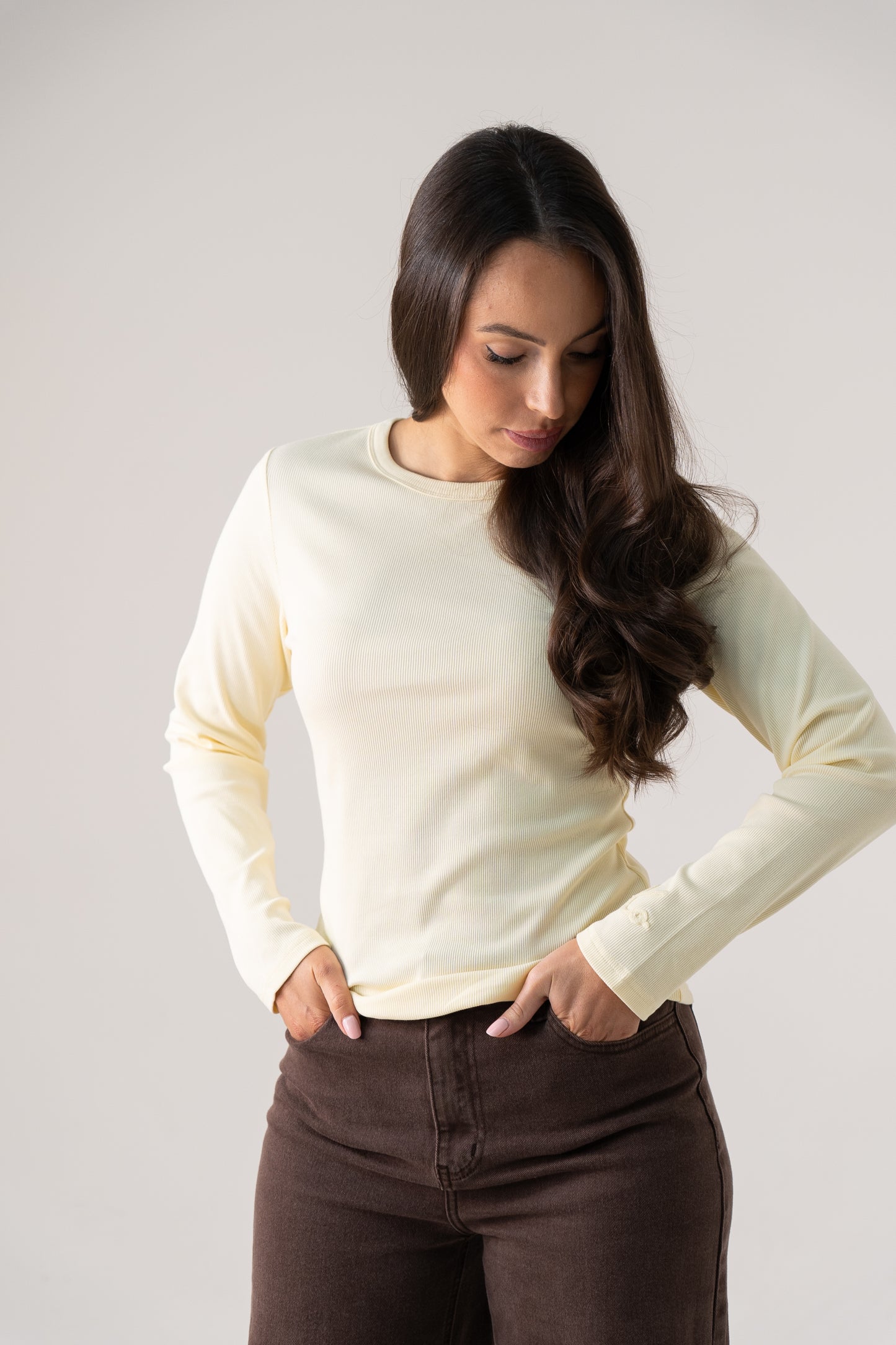 Love Laura Long Sleeve Ribbed Base Top In Lemon