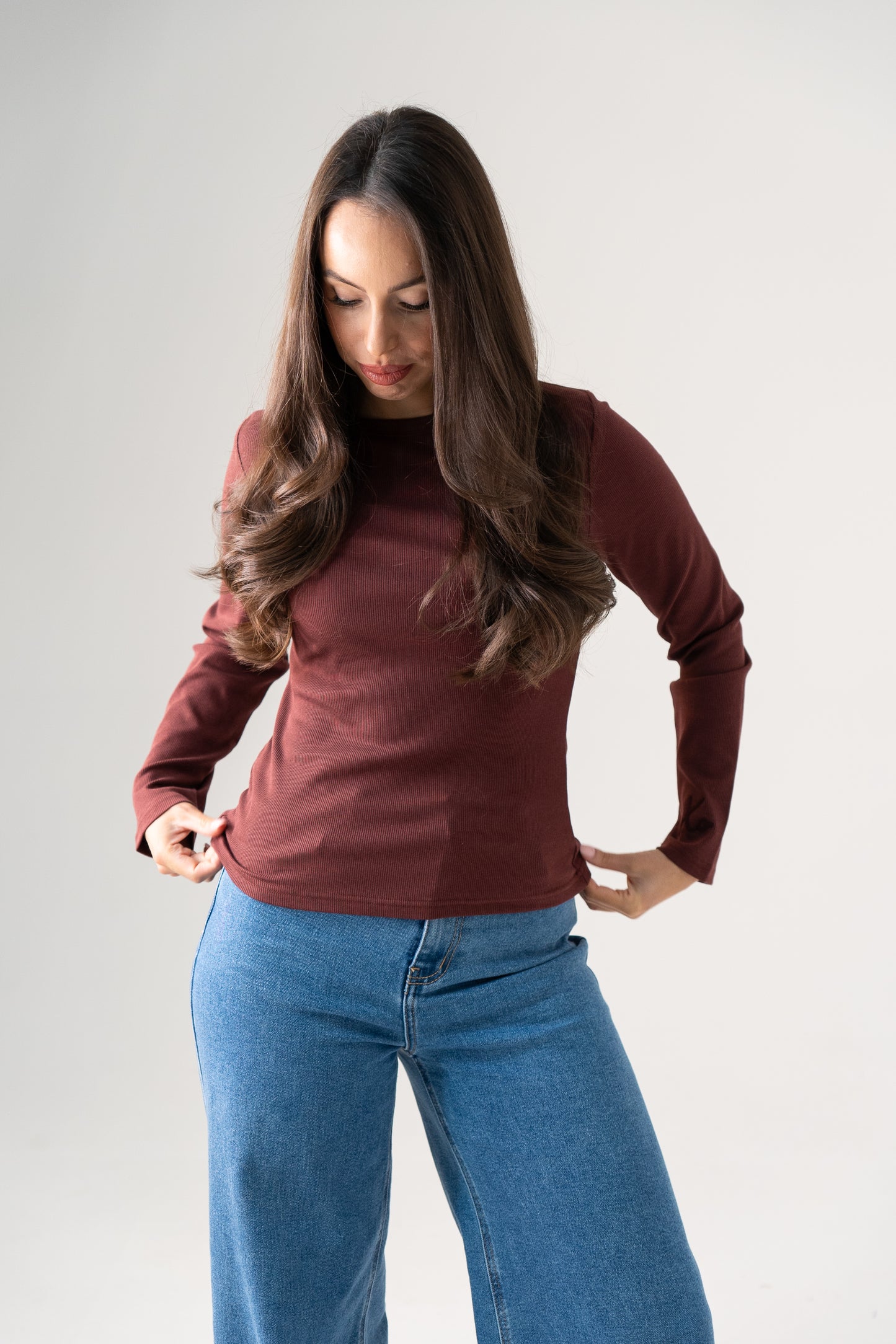 Love Laura Long Sleeve Ribbed Base Top In Burgundy