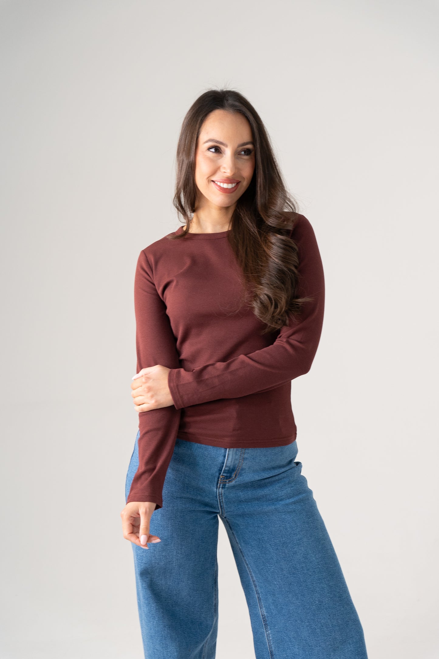 Love Laura Long Sleeve Ribbed Base Top In Burgundy