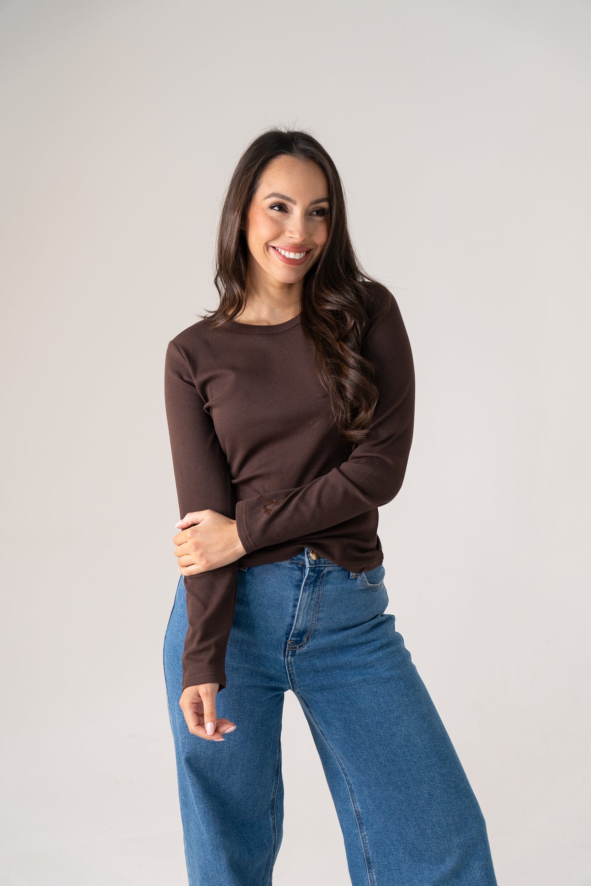 Love Laura Long Sleeve Ribbed Base Top In Chocolate