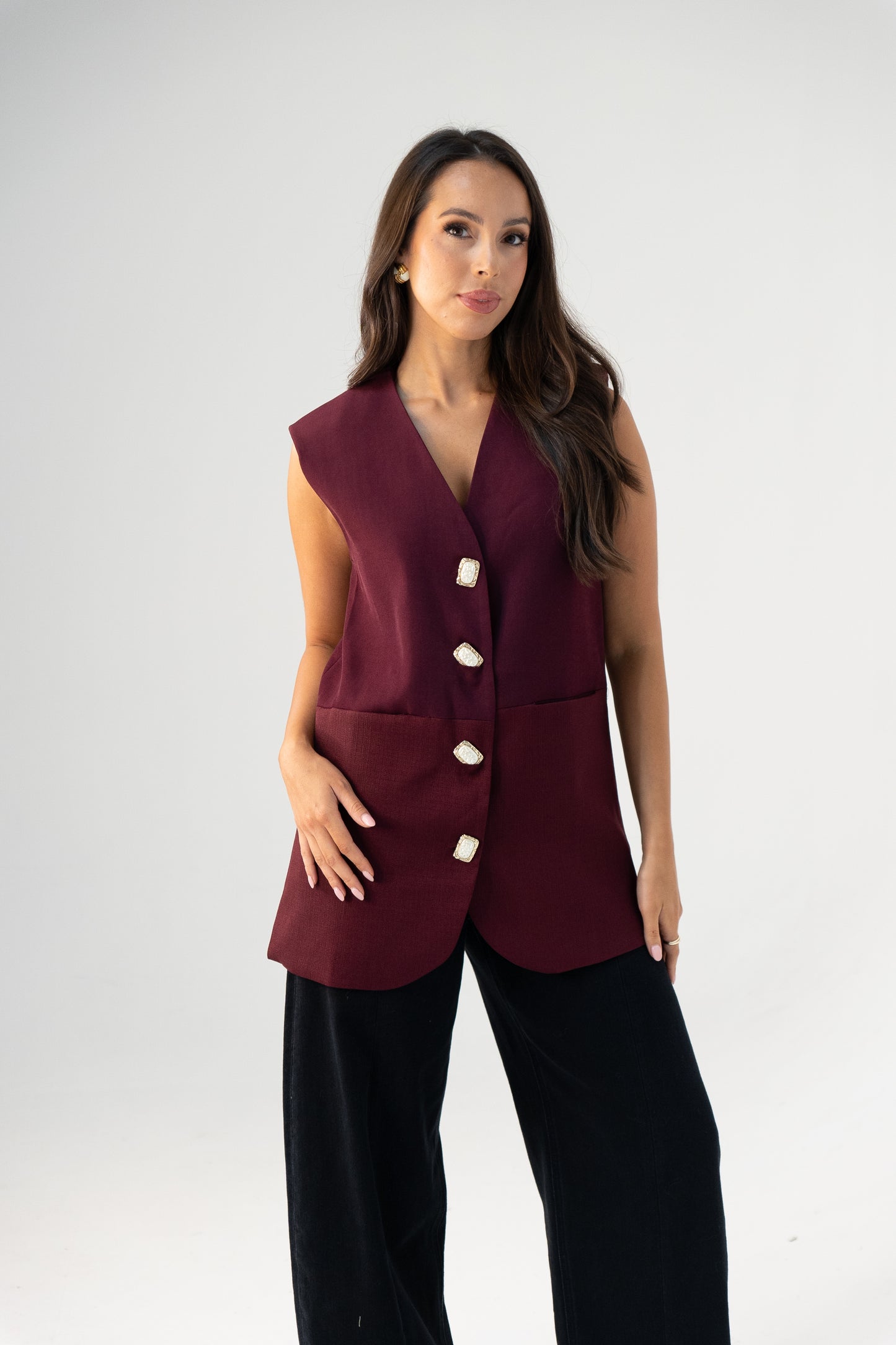 Love Laura Longline Waistcoat In Burgundy