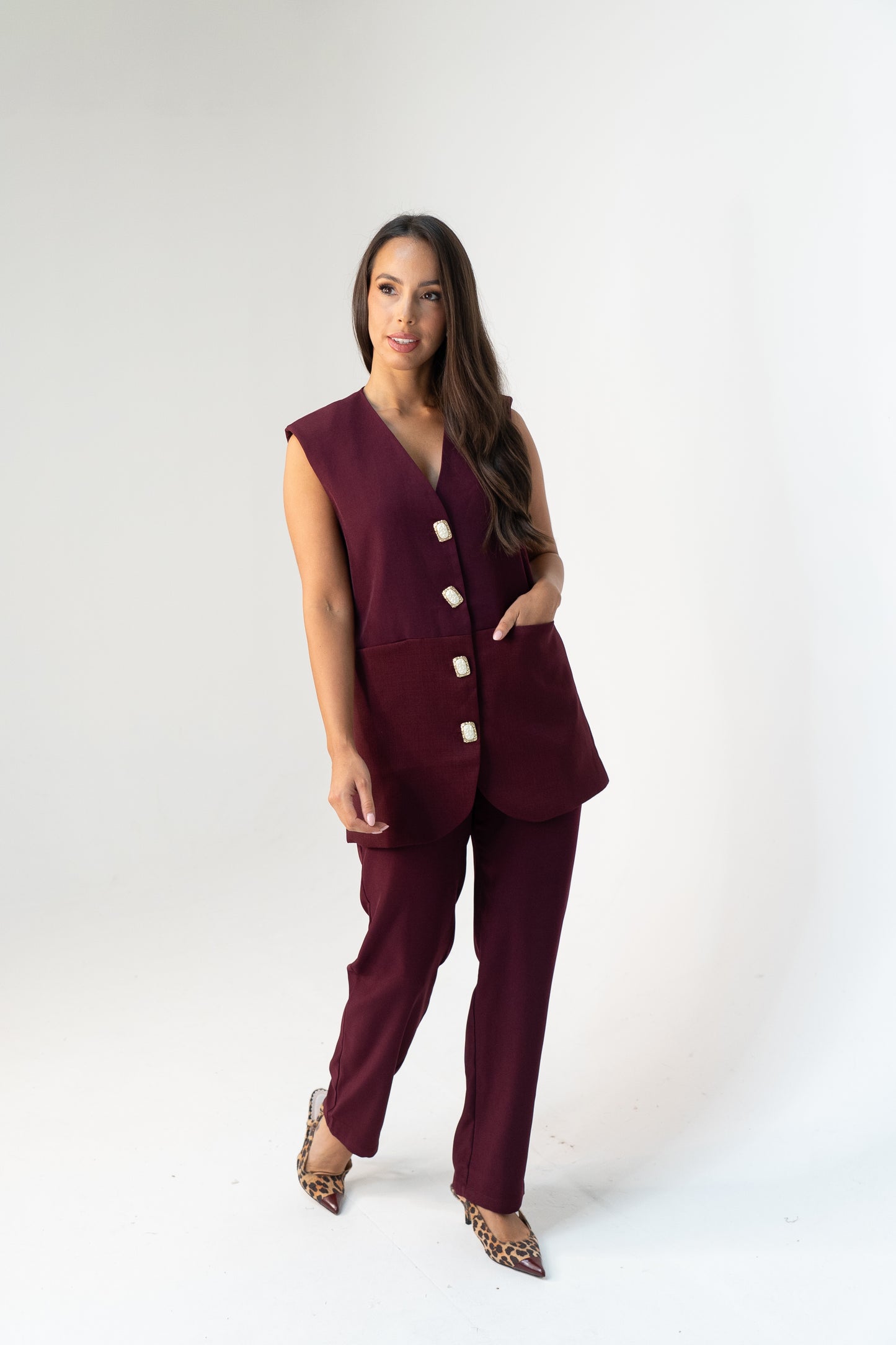 Love Laura Longline Waistcoat In Burgundy