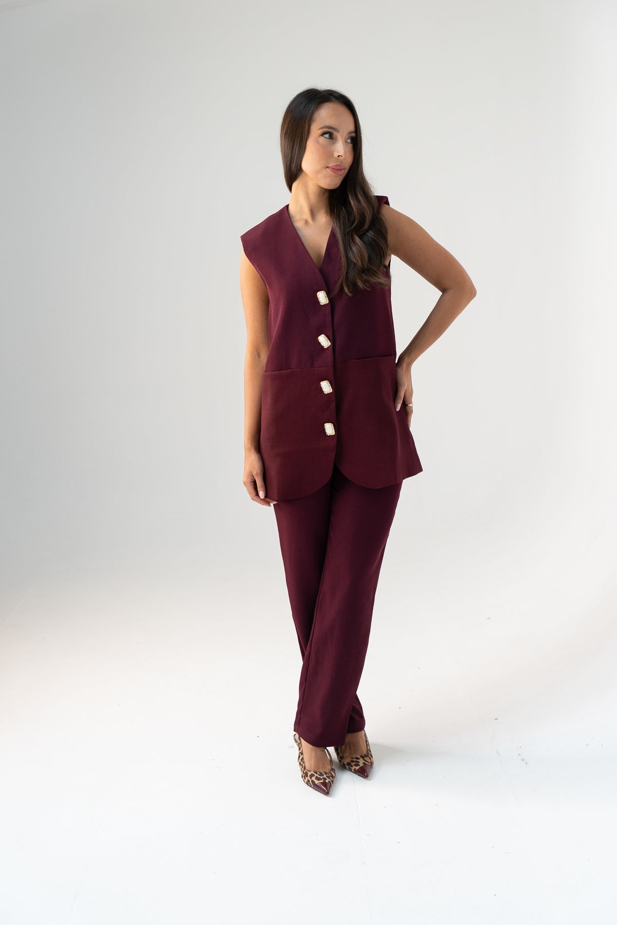 Love Laura Longline Waistcoat In Burgundy