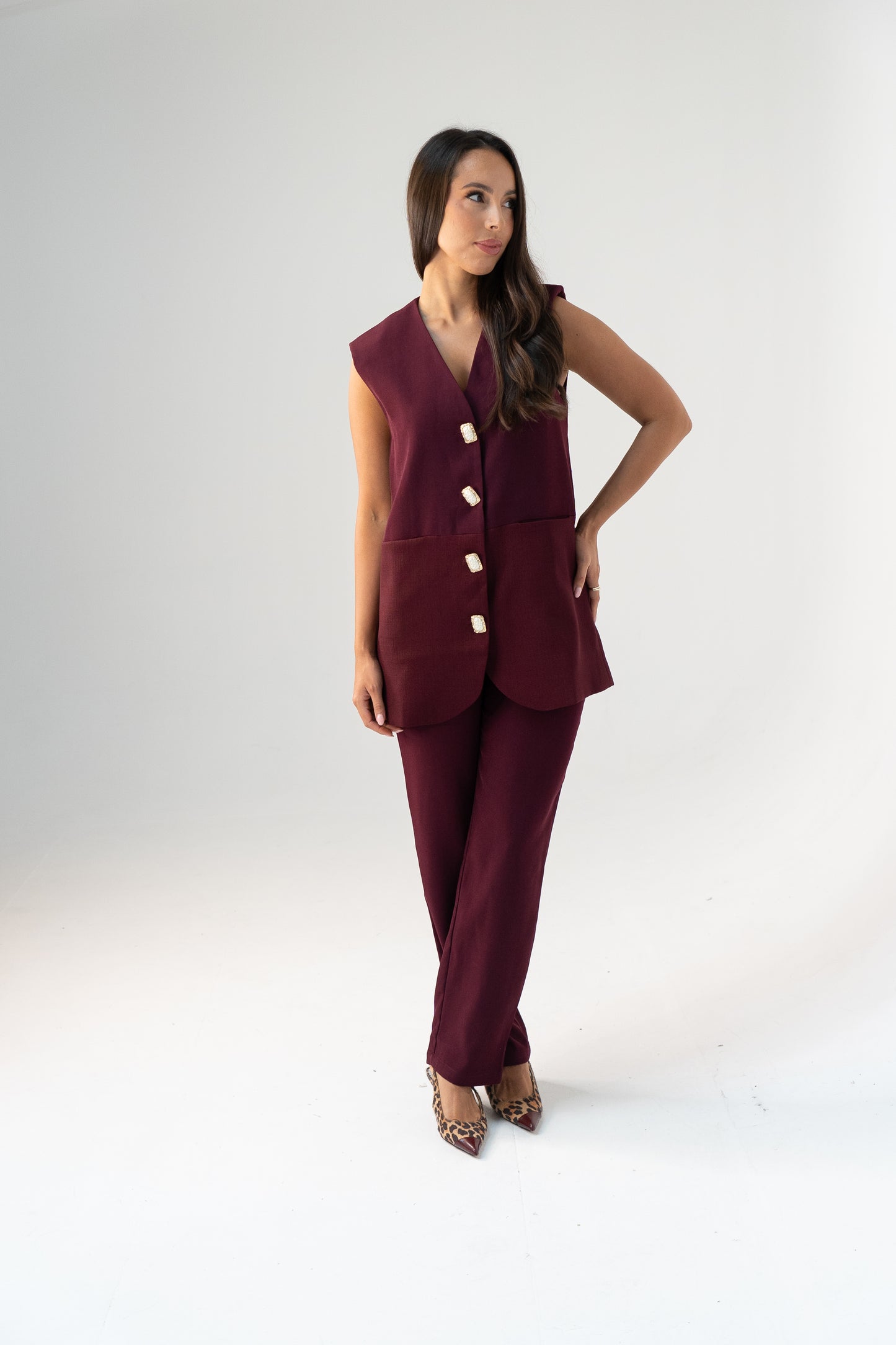 Love Laura Longline Waistcoat In Burgundy