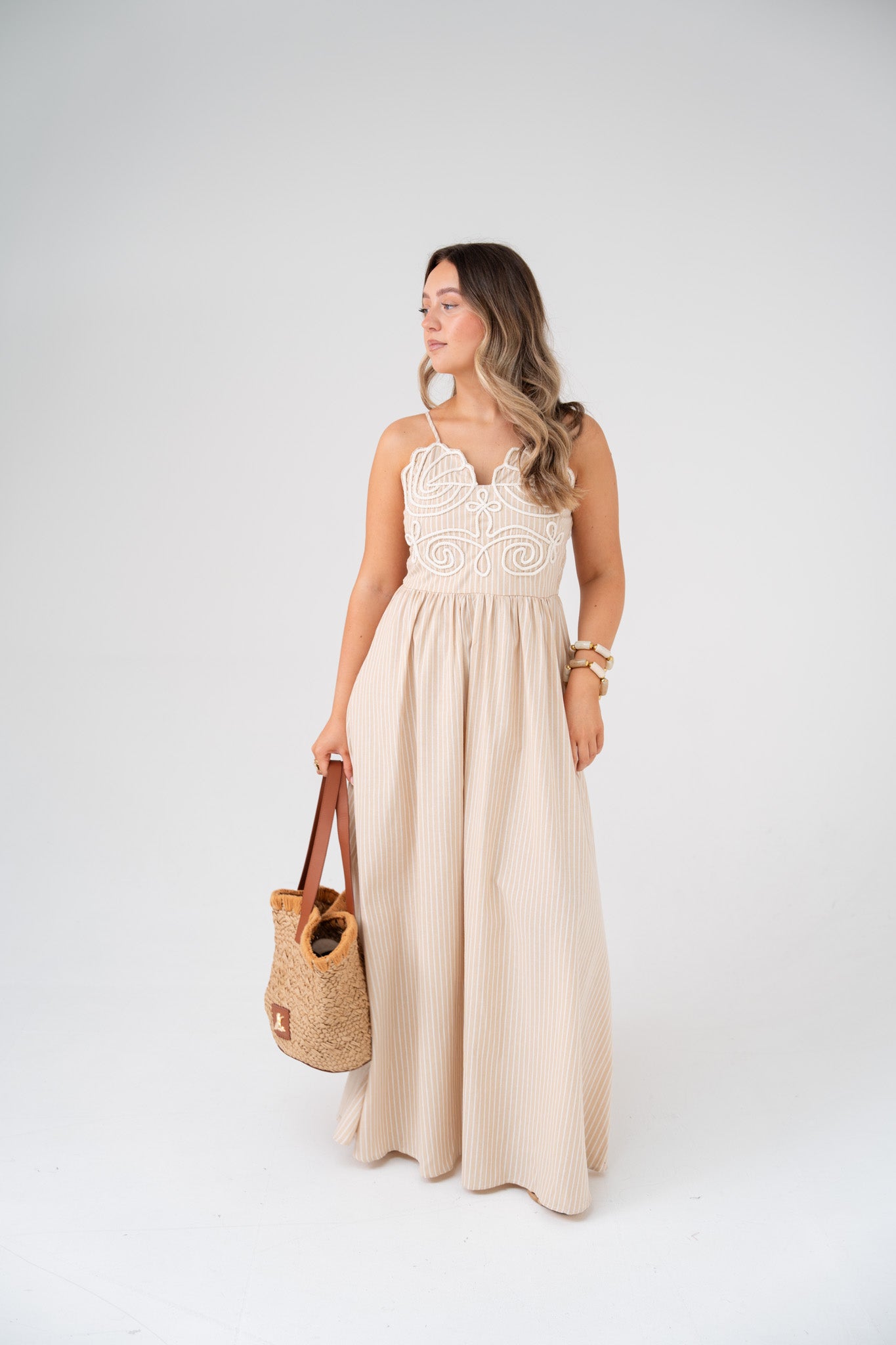 Holly Cord Detail Pinstripe Dress In Neutral