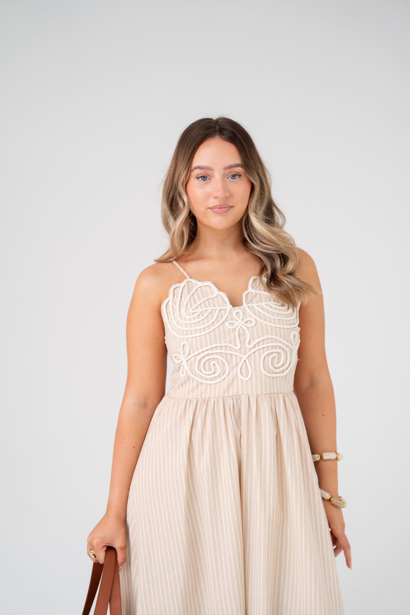 Holly Cord Detail Pinstripe Dress In Neutral