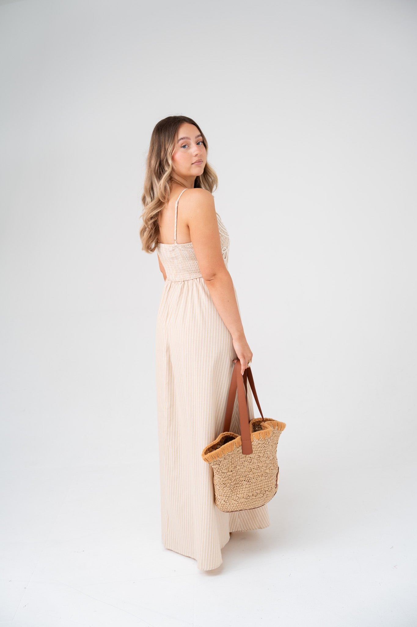 Holly Cord Detail Pinstripe Dress In Neutral