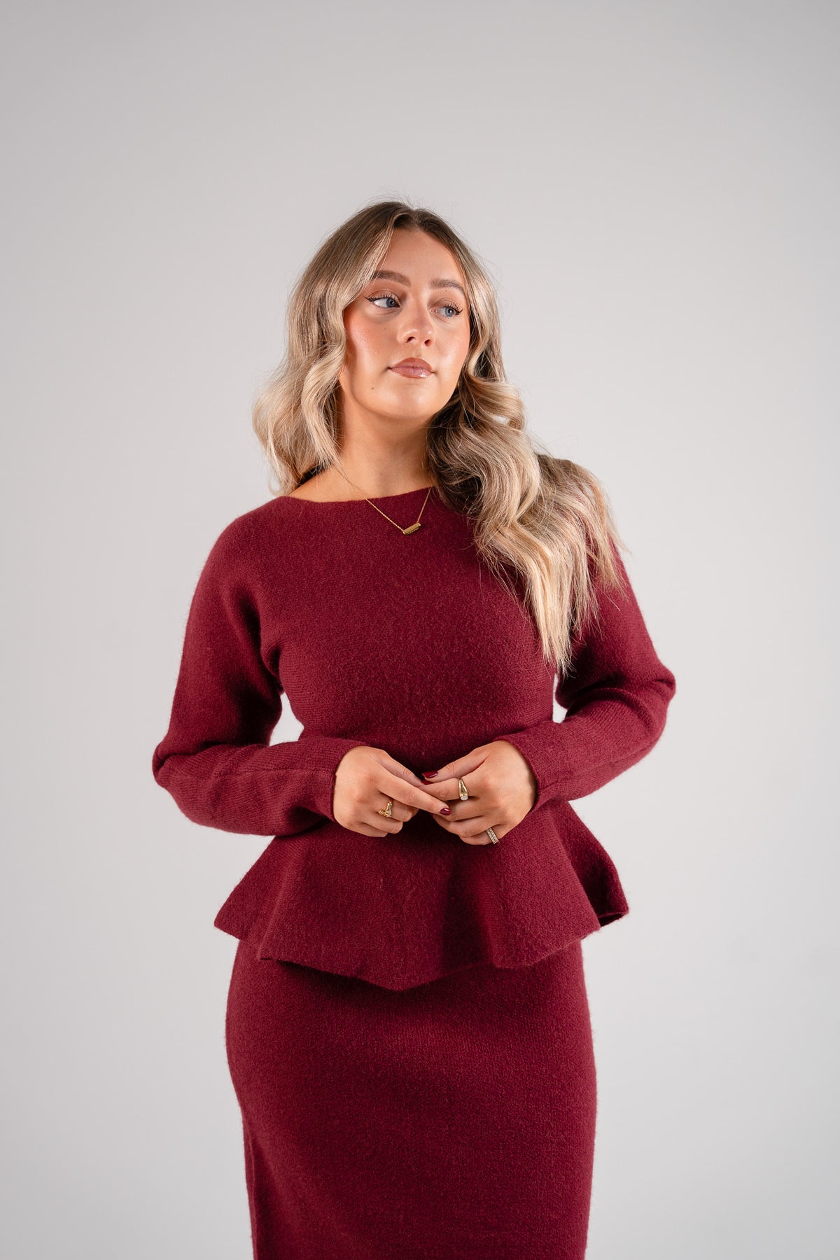 Love Laura Knit Peplum Top In Burgundy