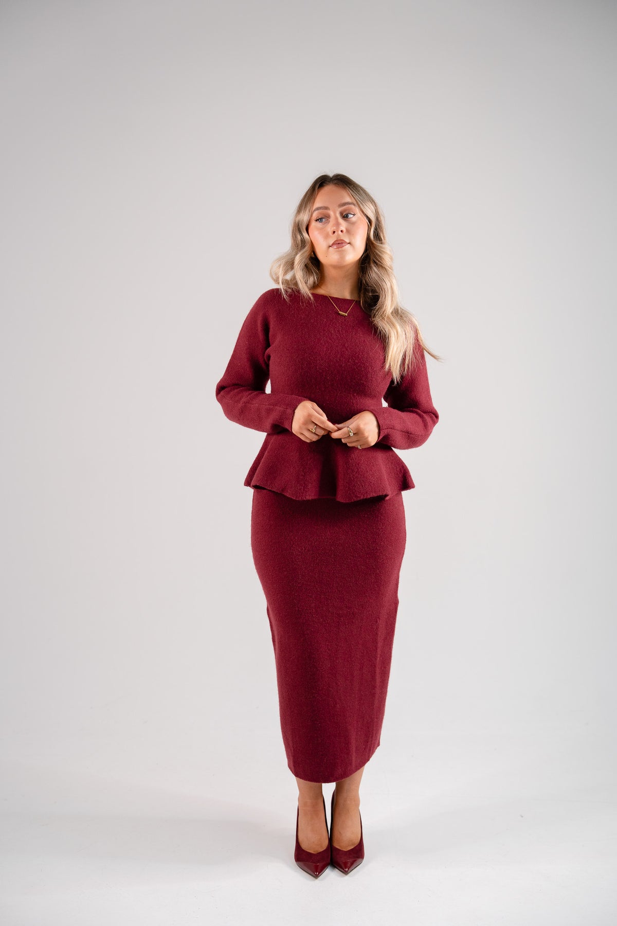 Love Laura Knit Midi Skirt In Burgundy