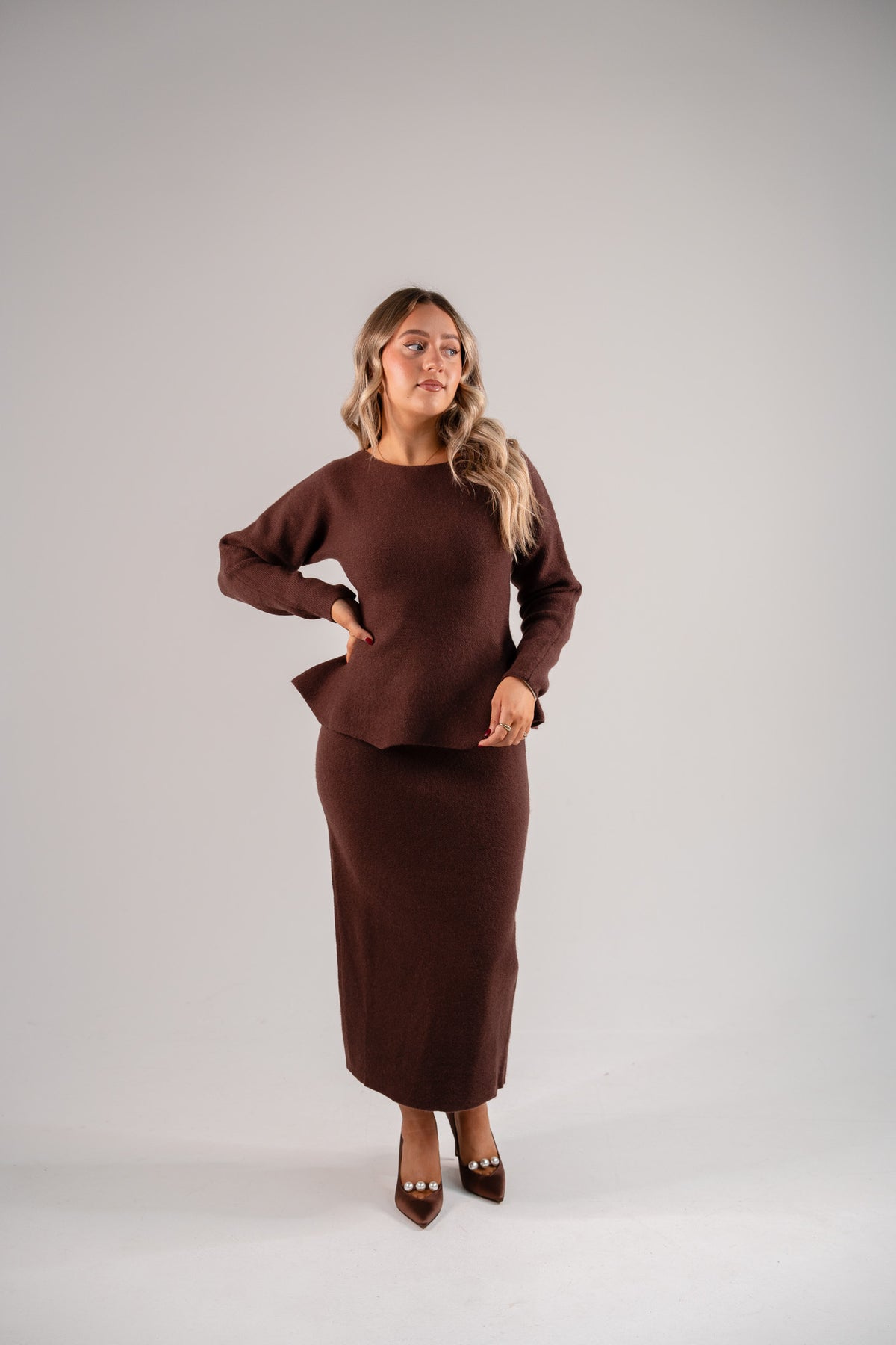 Love Laura Knit Peplum Top In Chocolate