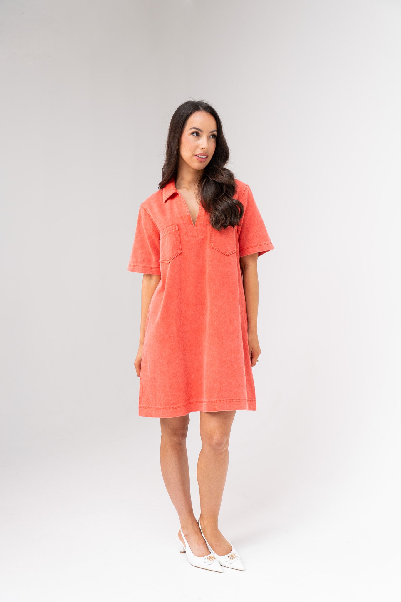 Kendra Denim Shirt Dress In Coral