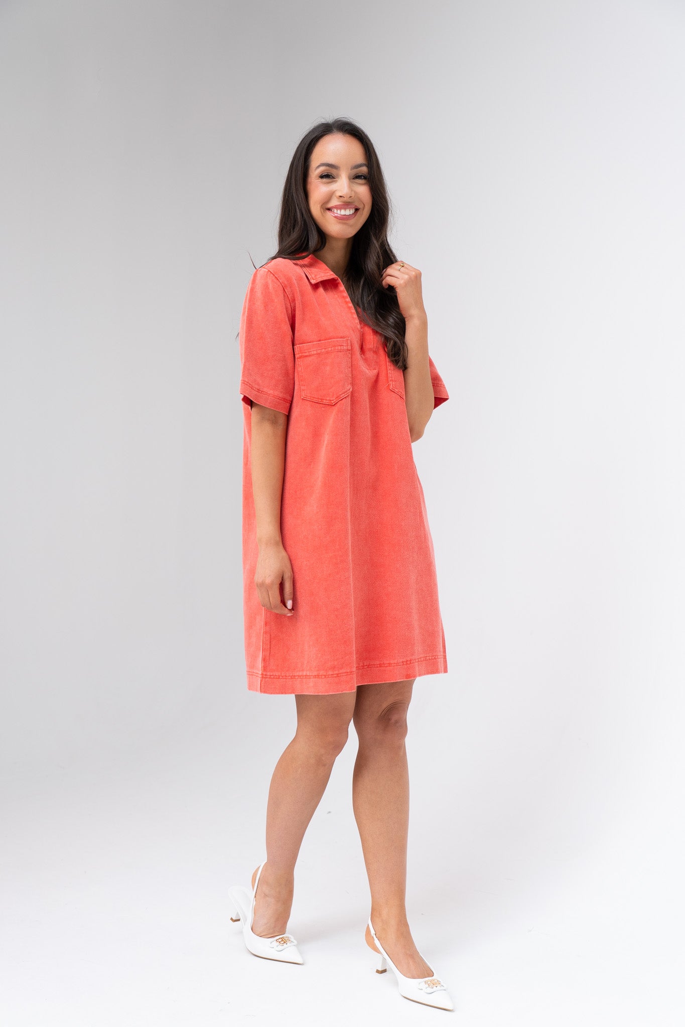 Kendra Denim Shirt Dress In Coral