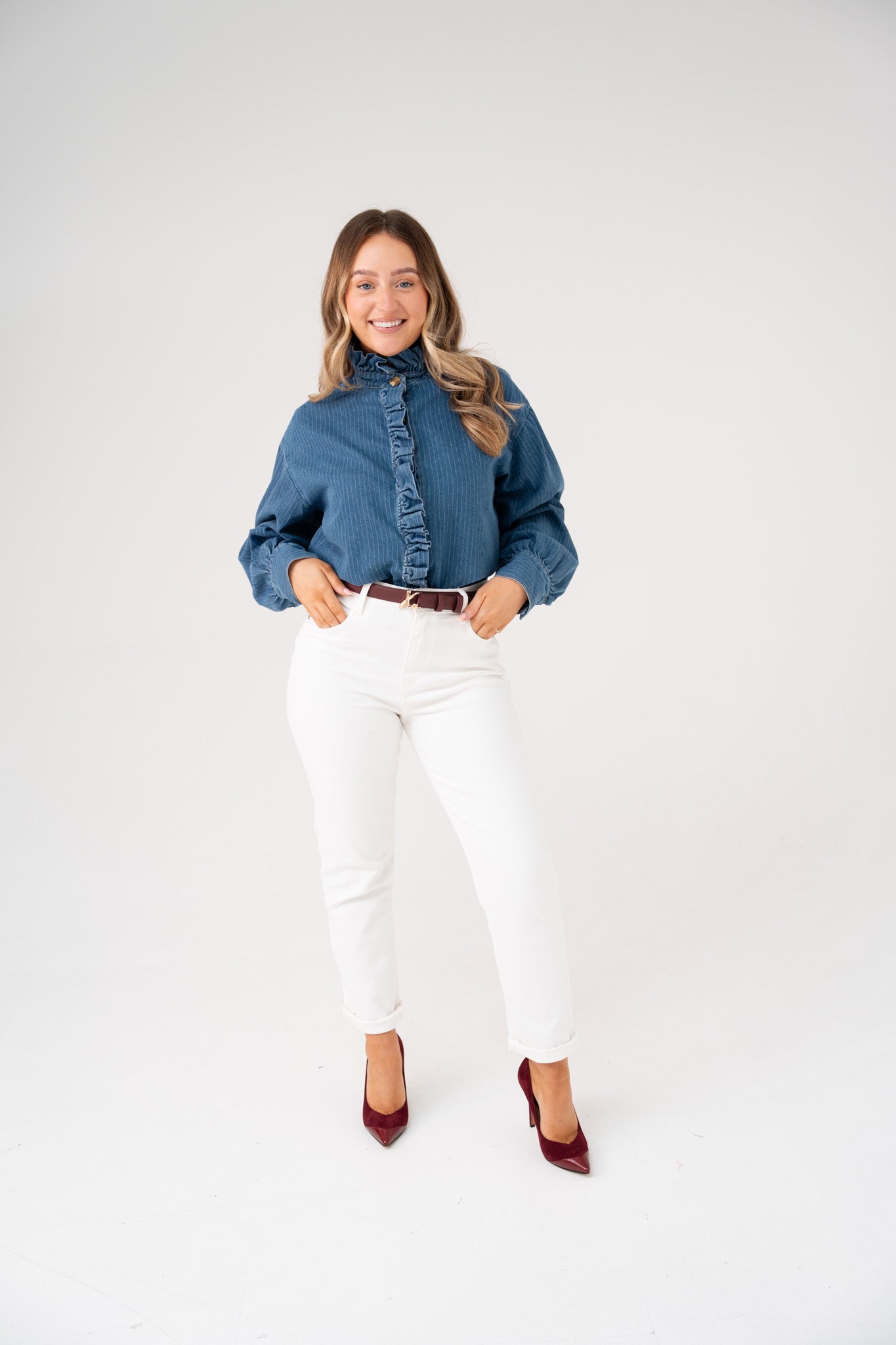 Millie Frill Detail Pinstripe Shirt In Denim