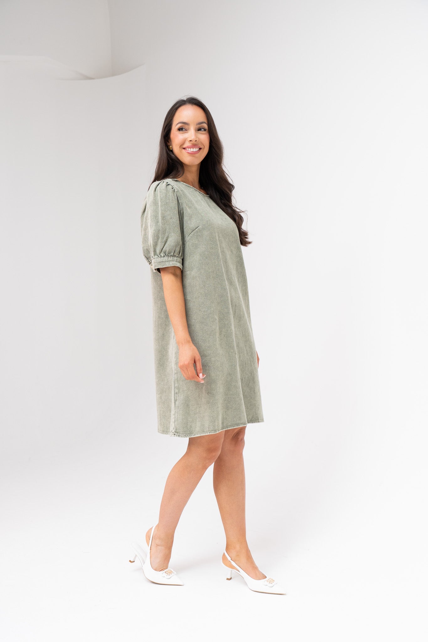 Kendra Puff Sleeve Denim Dress In Khaki