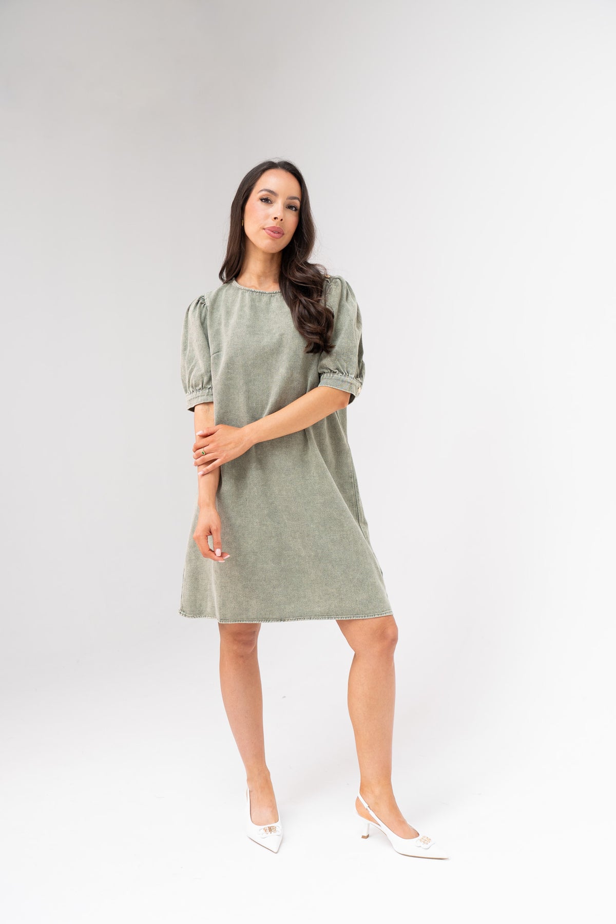 Kendra Puff Sleeve Denim Dress In Khaki