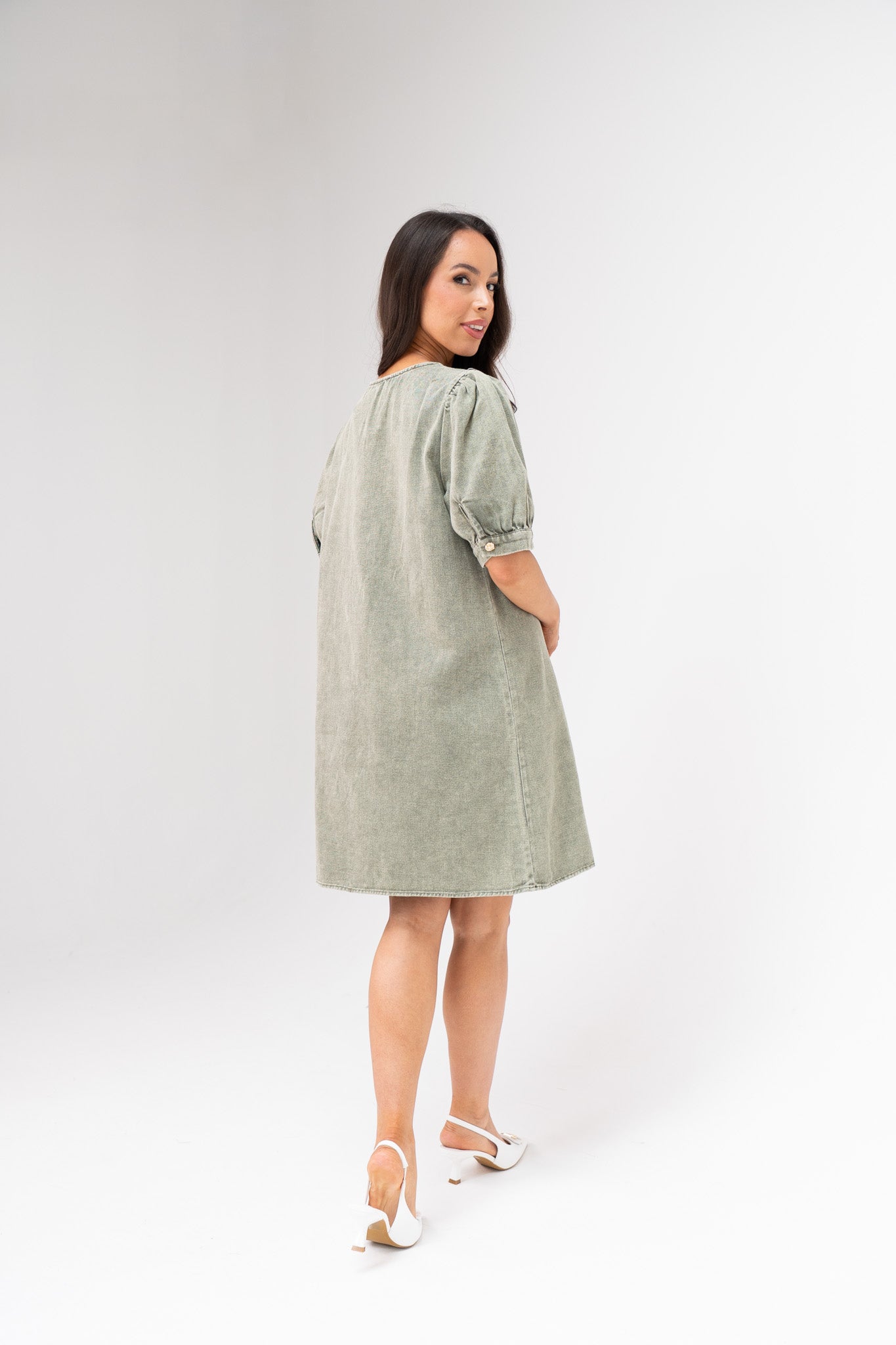 Kendra Puff Sleeve Denim Dress In Khaki