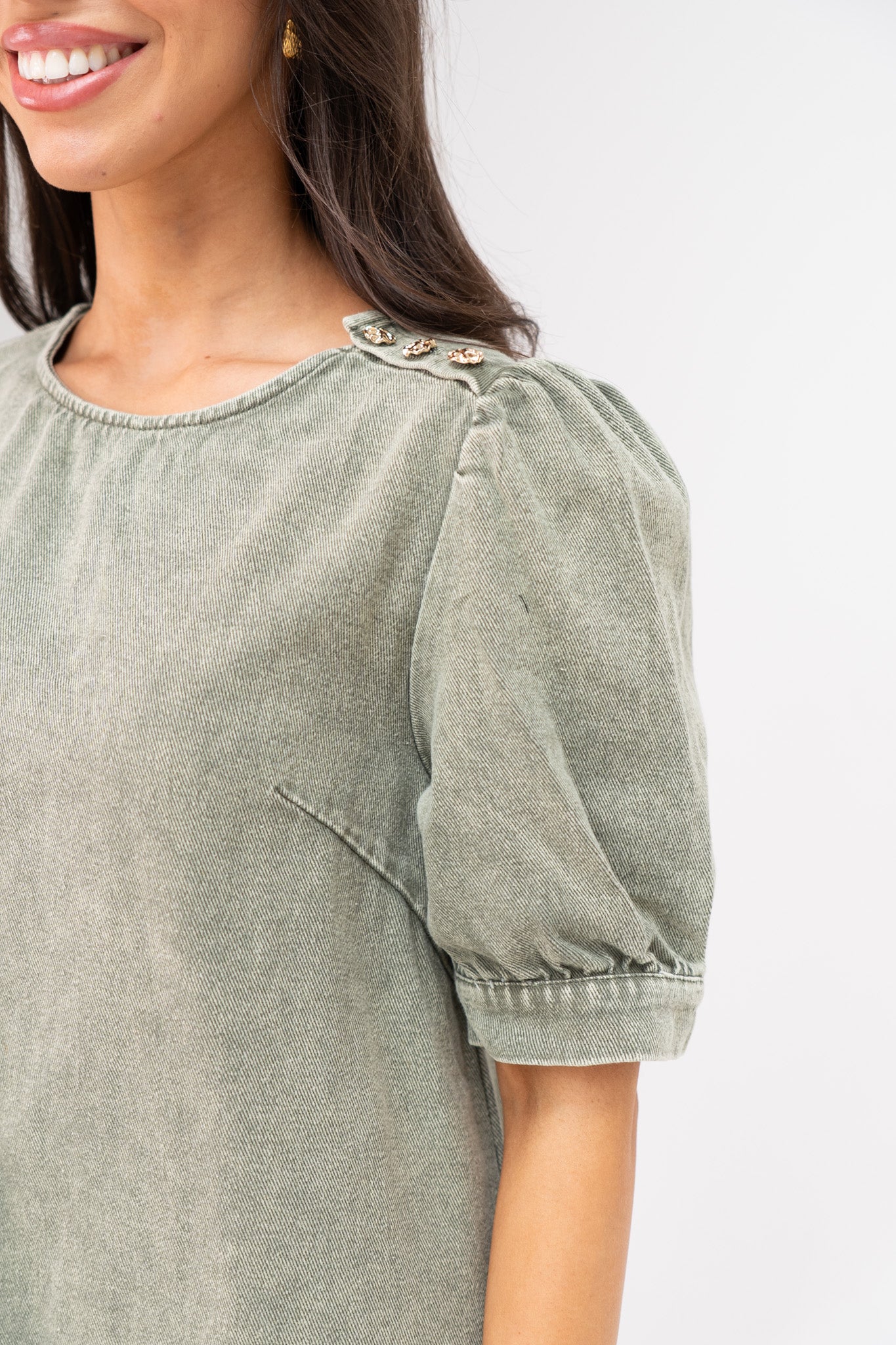 Kendra Puff Sleeve Denim Dress In Khaki