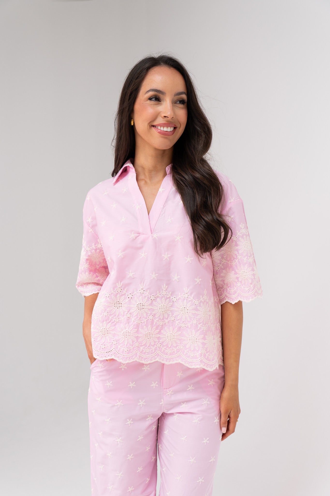 Ella Floral Embroidered Blouse In Pink
