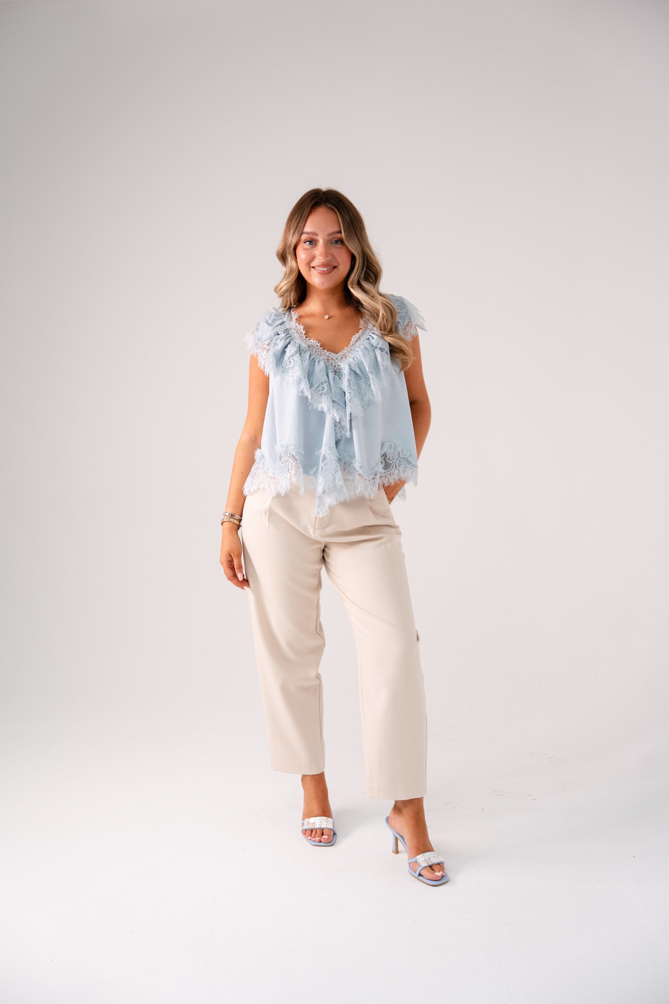 Elsa Sleeveless Ruffle Top In Blue