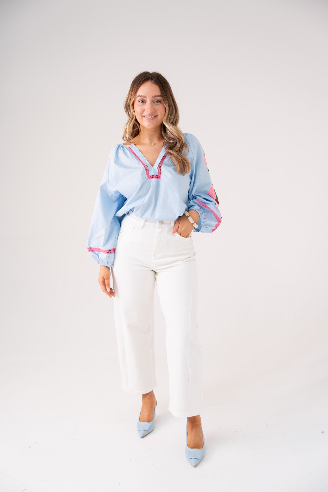 Millie Pink Floral Sleeve Blouse In Blue