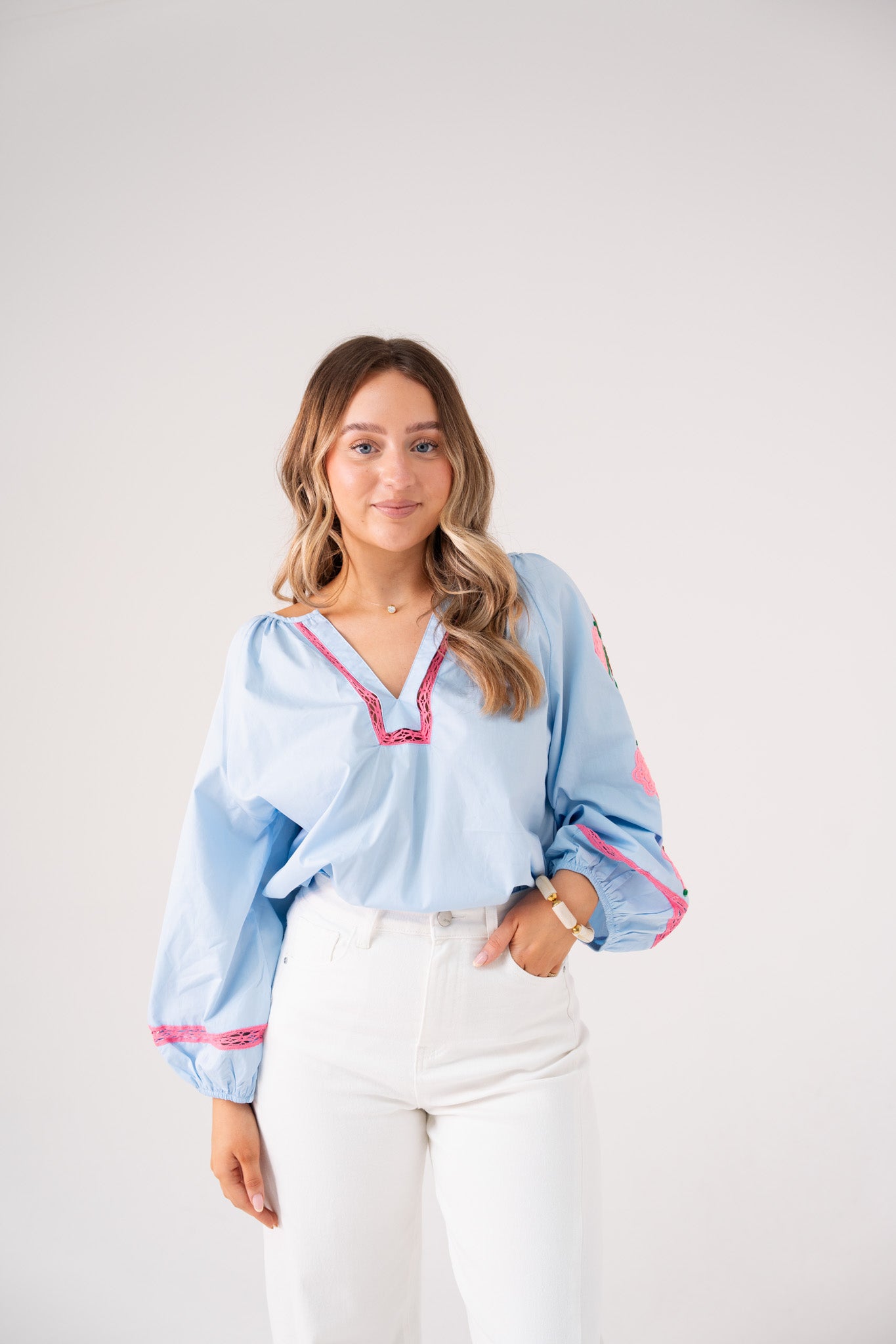 Millie Pink Floral Sleeve Blouse In Blue