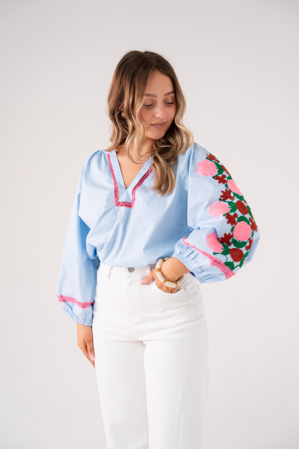 Millie Pink Floral Sleeve Blouse In Blue