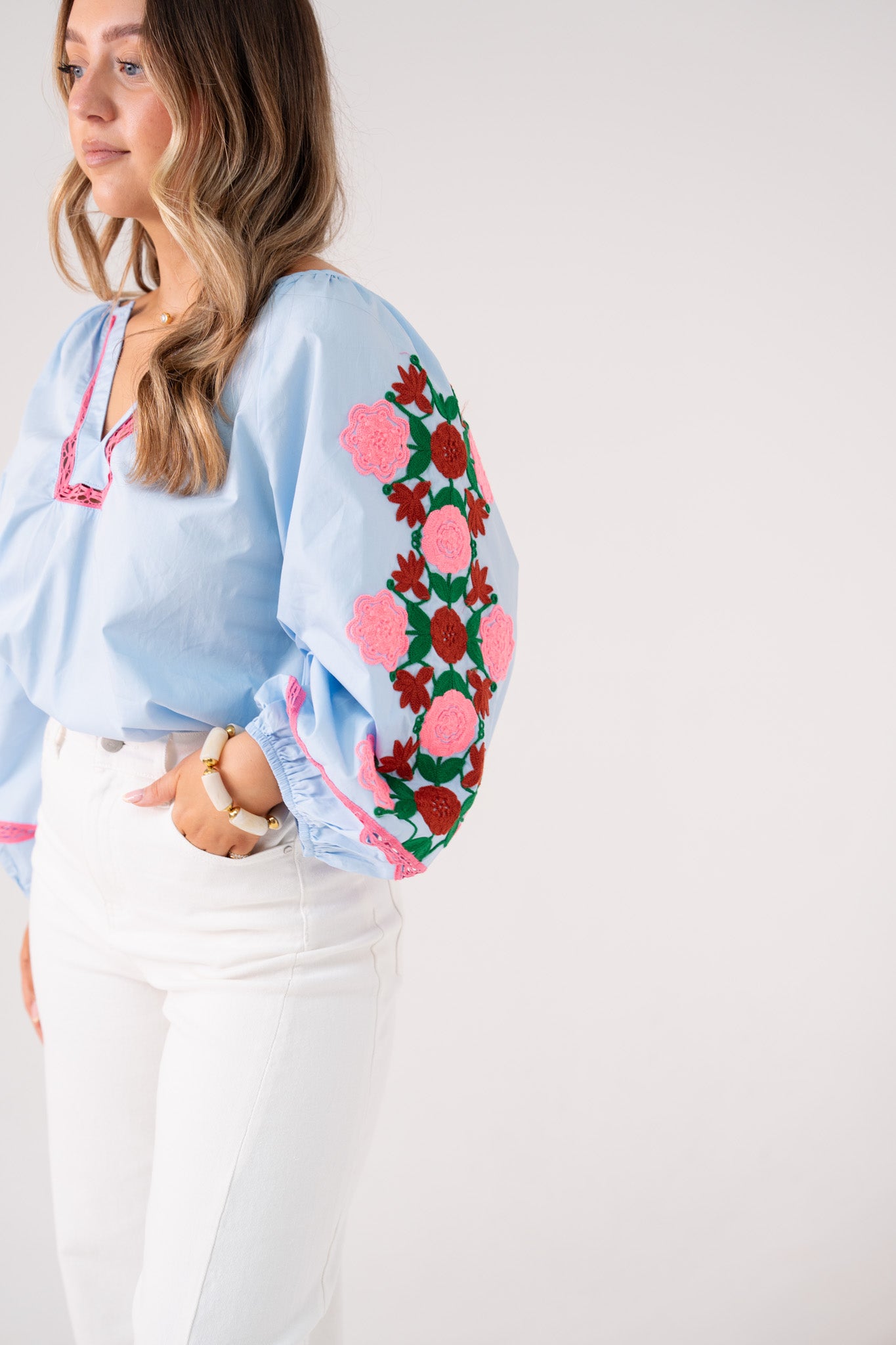 Millie Pink Floral Sleeve Blouse In Blue