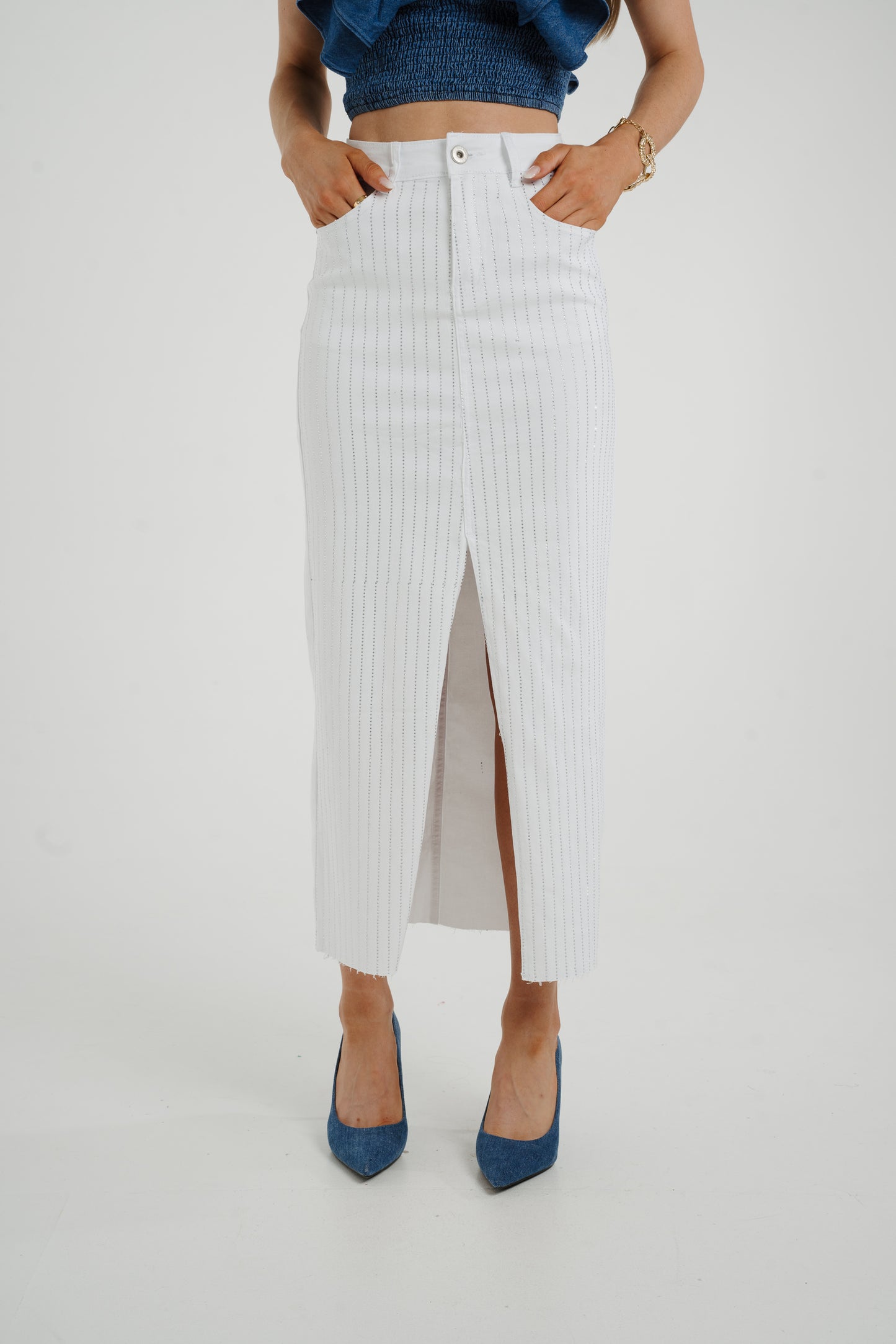 Polly Embellished Denim Skirt In White