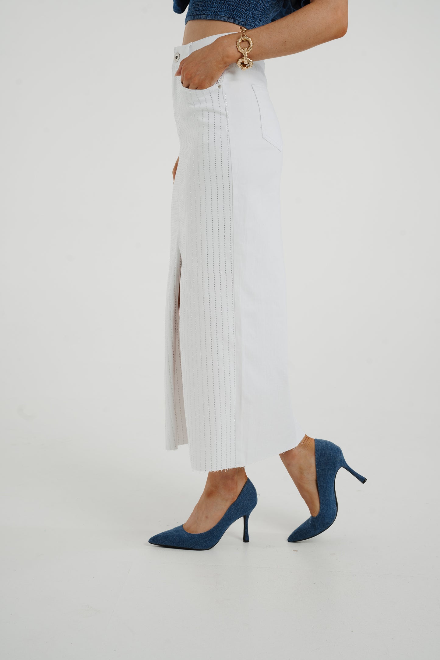 Polly Embellished Denim Skirt In White