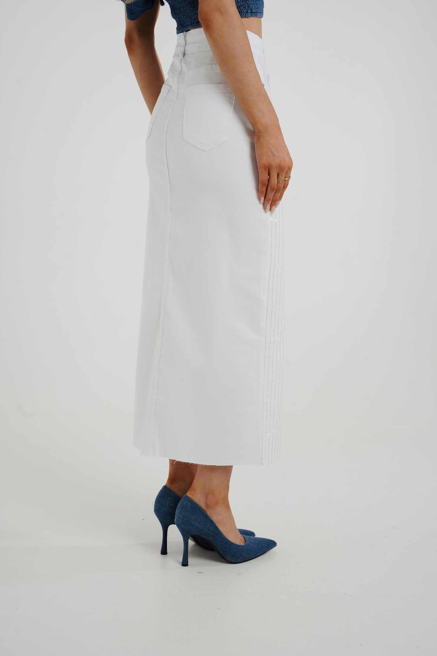 Polly Embellished Denim Skirt In White