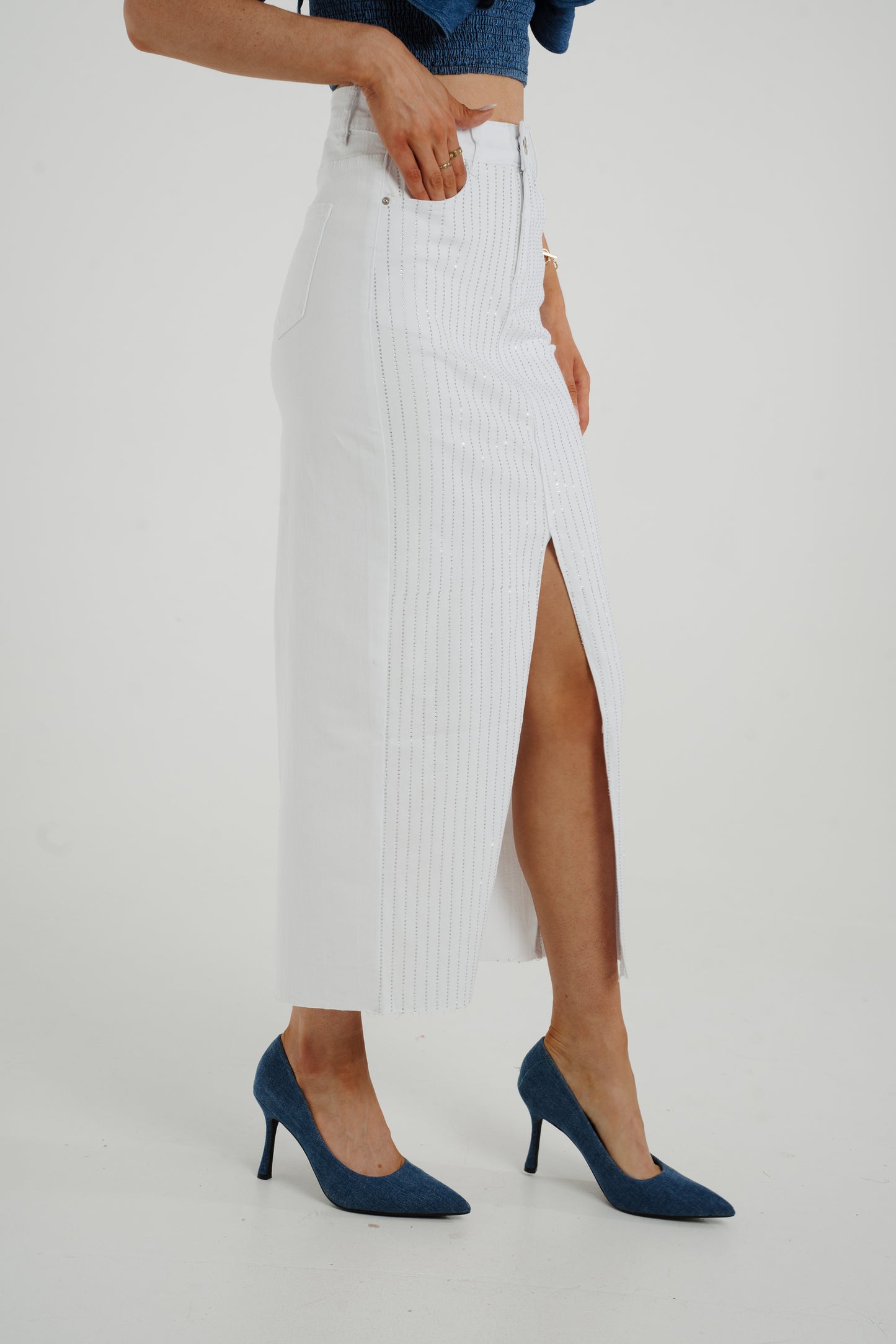 Polly Embellished Denim Skirt In White