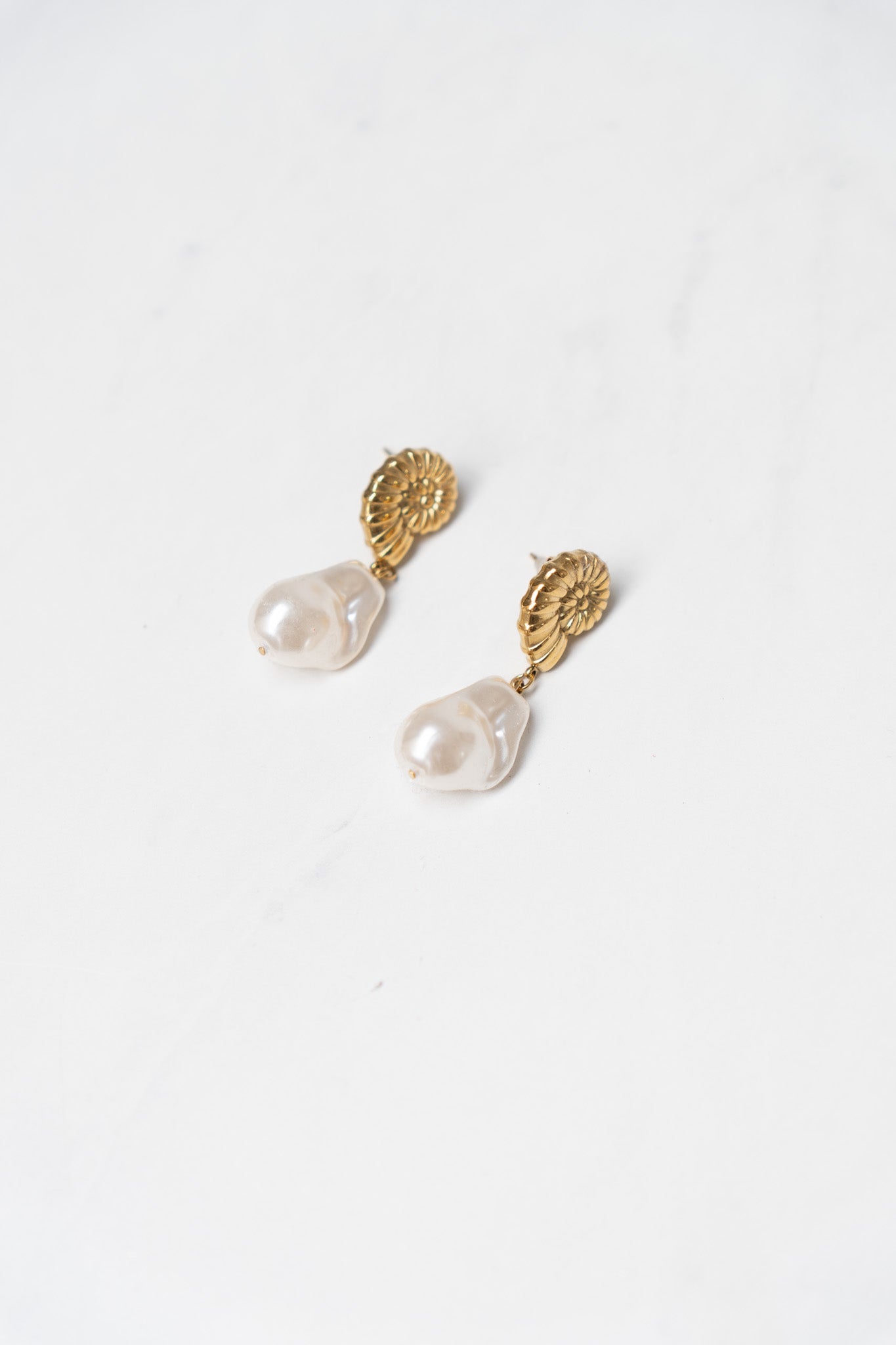 Olive Shell Pearl Drop Earrings In Gold
