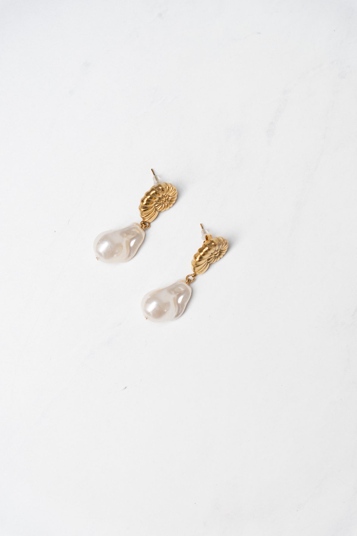 Olive Shell Pearl Drop Earrings In Gold