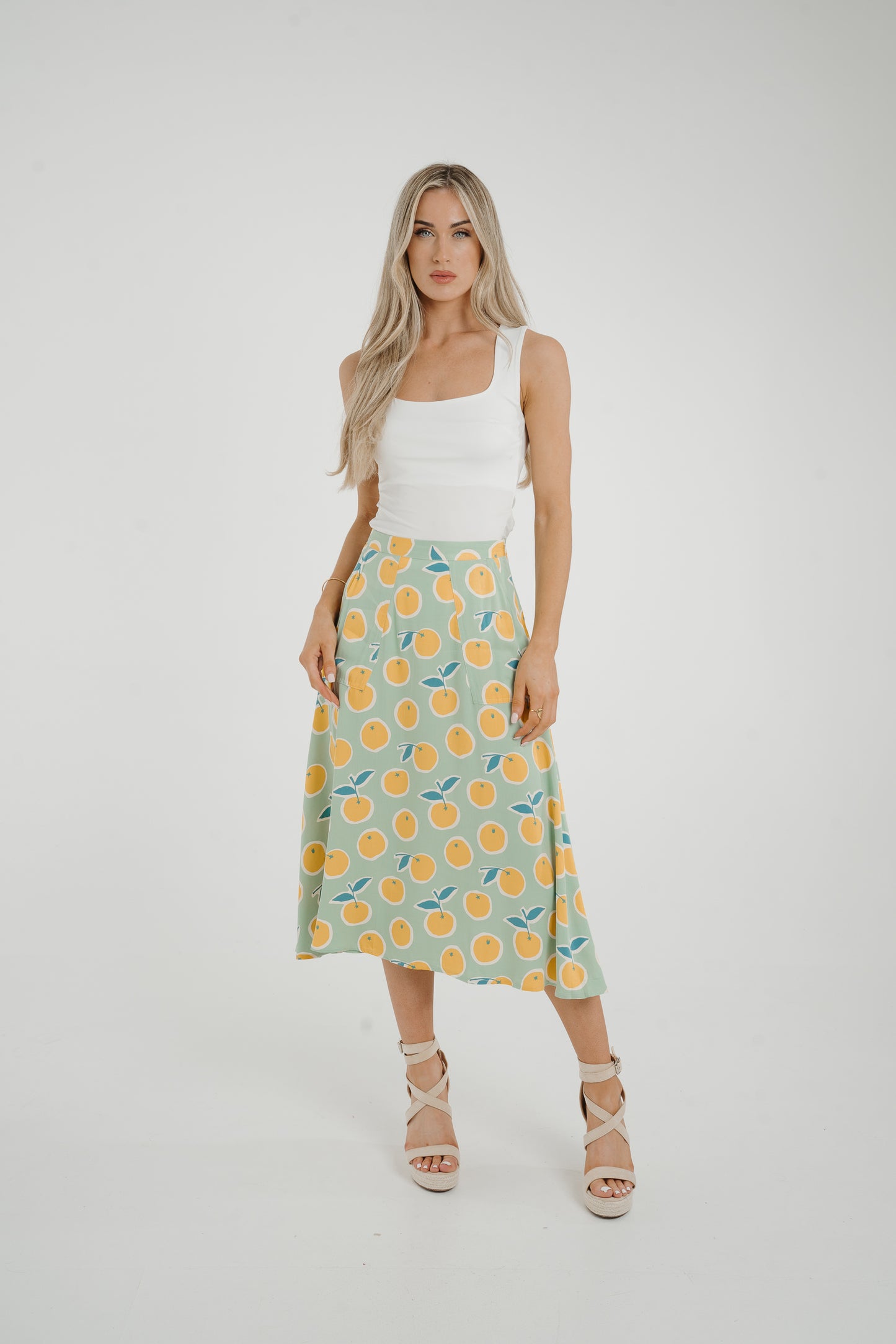 Frankie Orange & Lemon Print Skirt In Sage