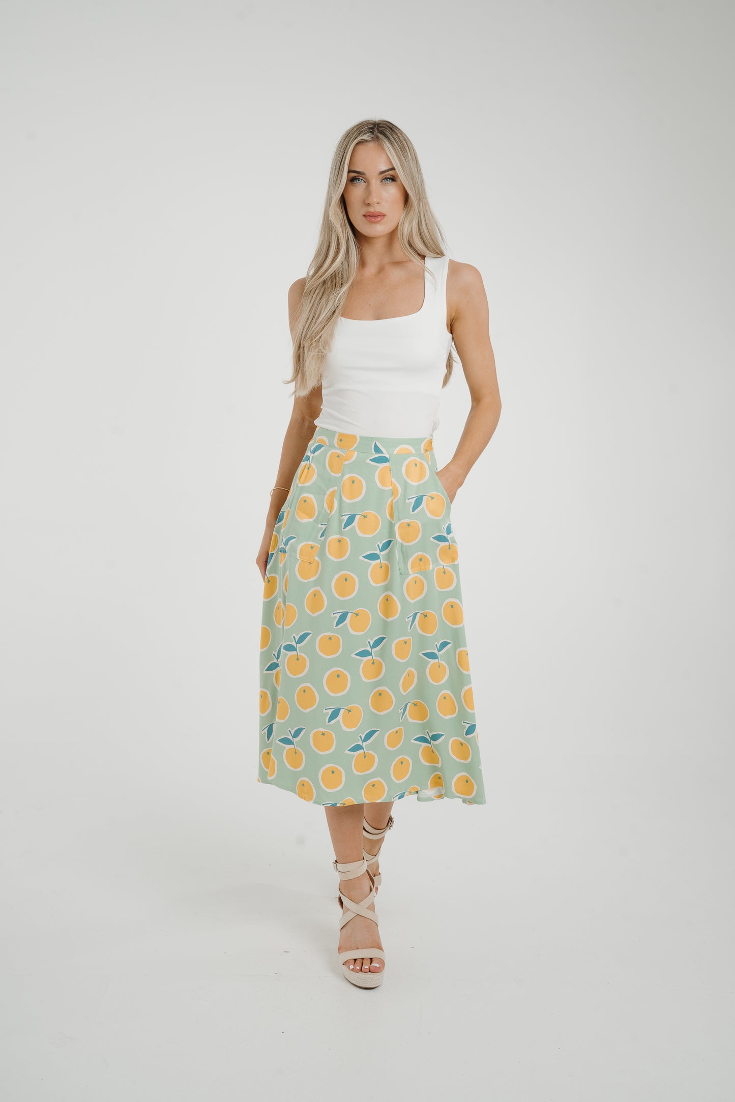 Frankie Orange & Lemon Print Skirt In Sage