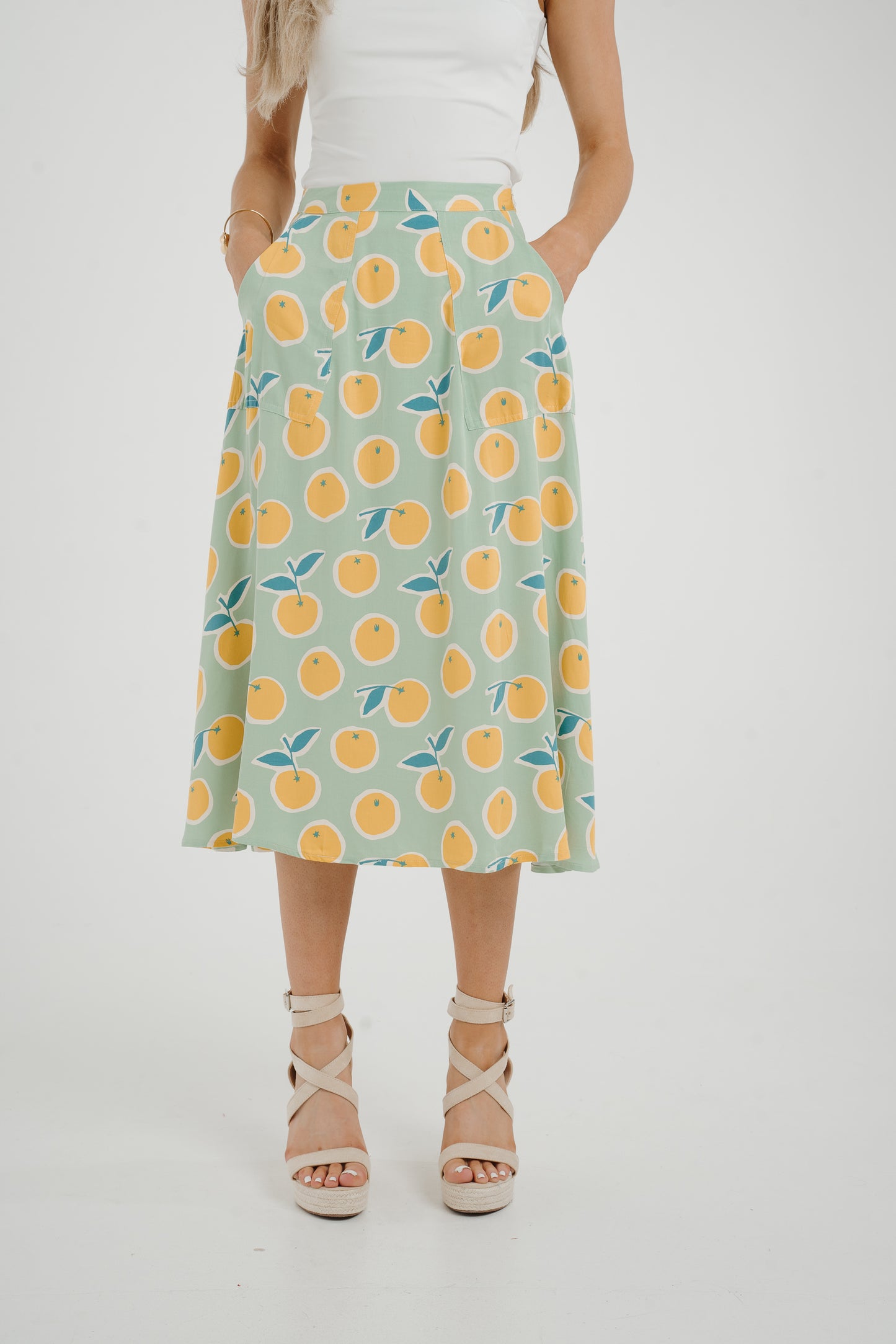 Frankie Orange & Lemon Print Skirt In Sage